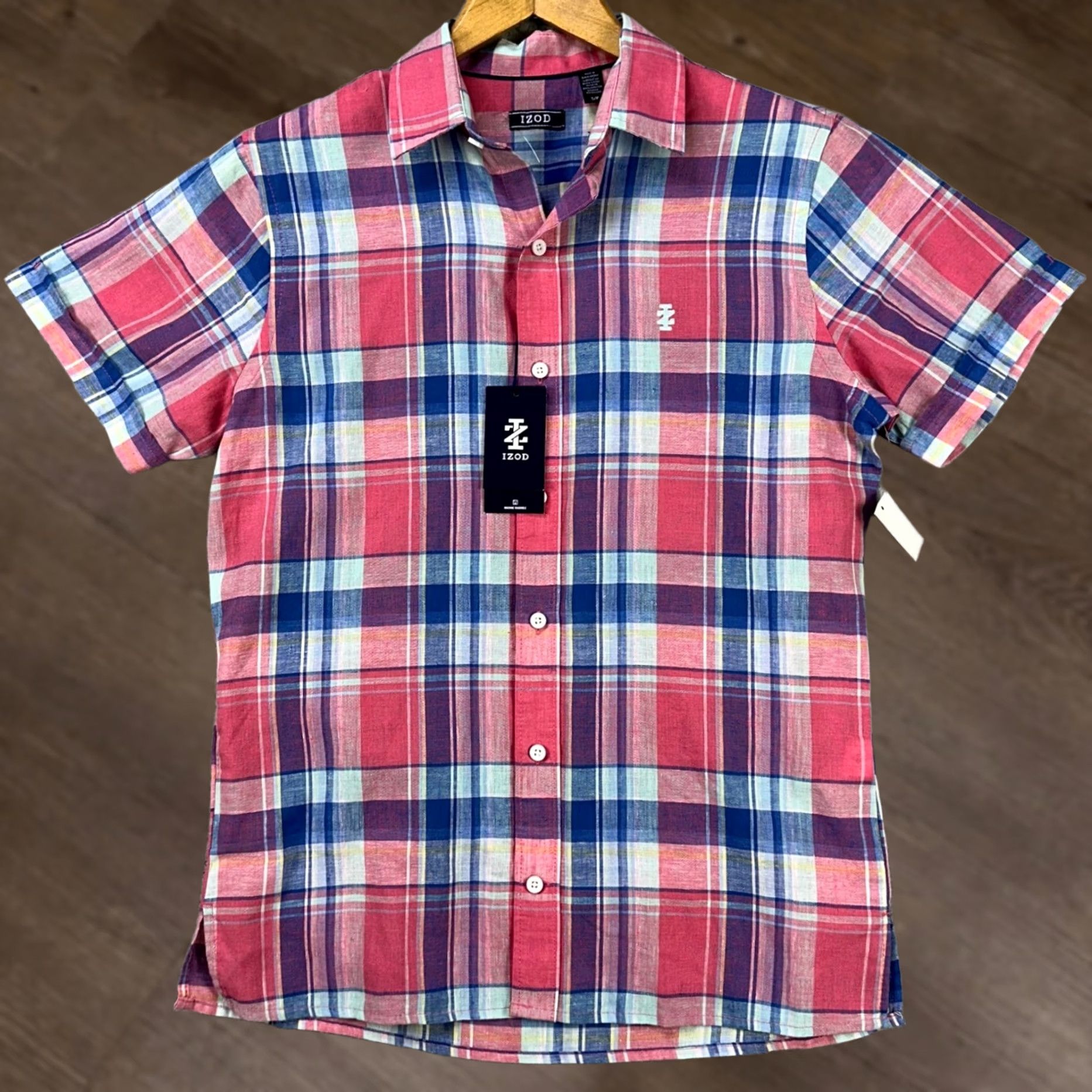 Izod IZOD Mens Linen Blend Shirt Small Pink Plaid Short Sleeve Button Up Pocket NEW Shirt Mens Small Pink Plaid Short Sleeve Button-Up Pocket IZOD Size US S / EU 44-46 / 1 - 1 Thumbnail