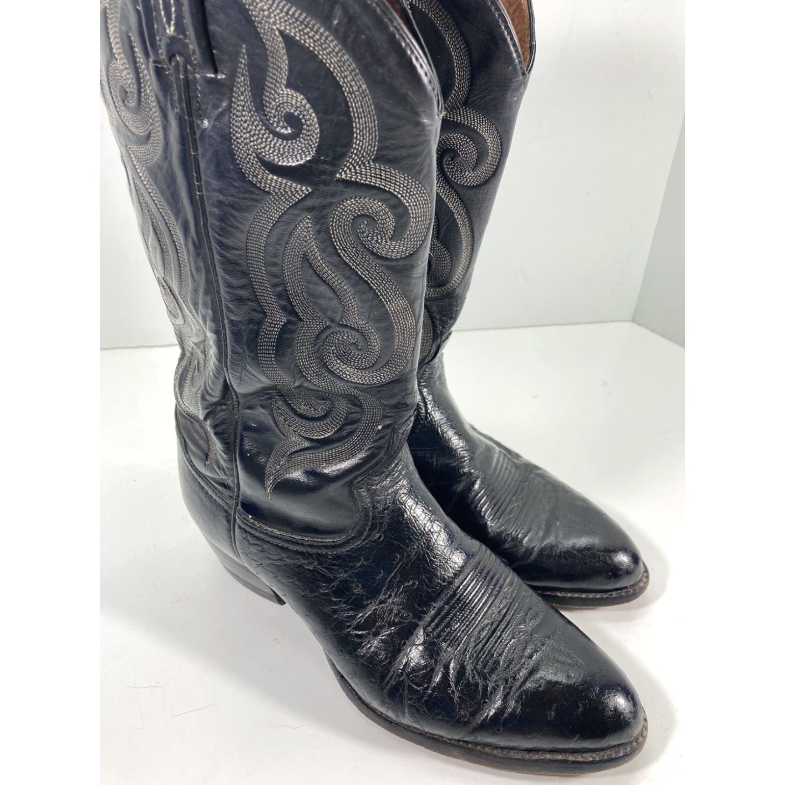 Tony Lama VINTAGE? (No) — Tony Lama Smooth Ostrich Boots Men 9 D Black Exotic Leather Style 8410 Western Size US 9 / EU 42 - 2 Thumbnail