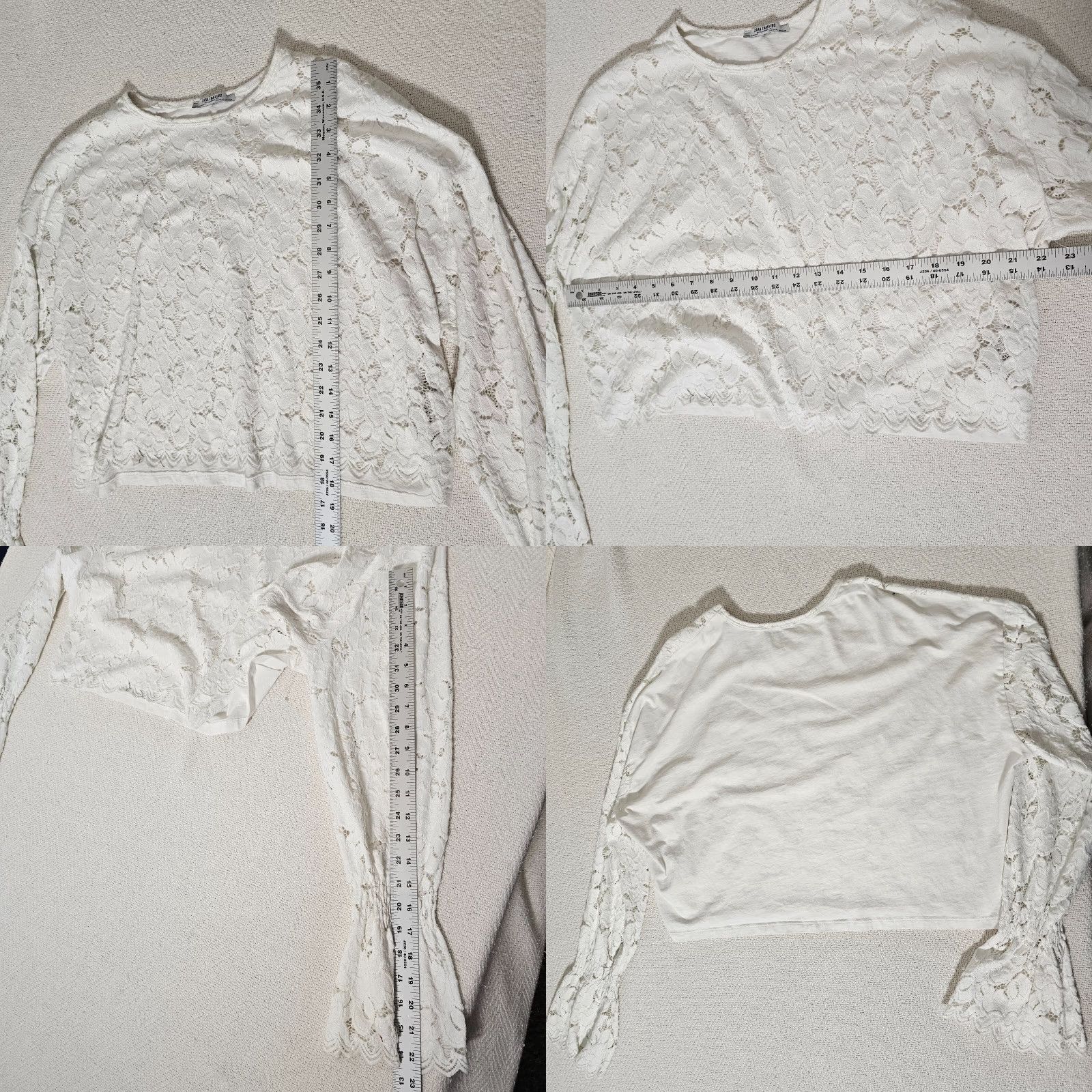 Zara Zara Trafaluc Blouse L Ivory Lace Bell Sleeve Round Neck Short Sleeve Sheer Crochet Accent Women's Regular Sizes Size L / US 10 / IT 46 - 8 Thumbnail