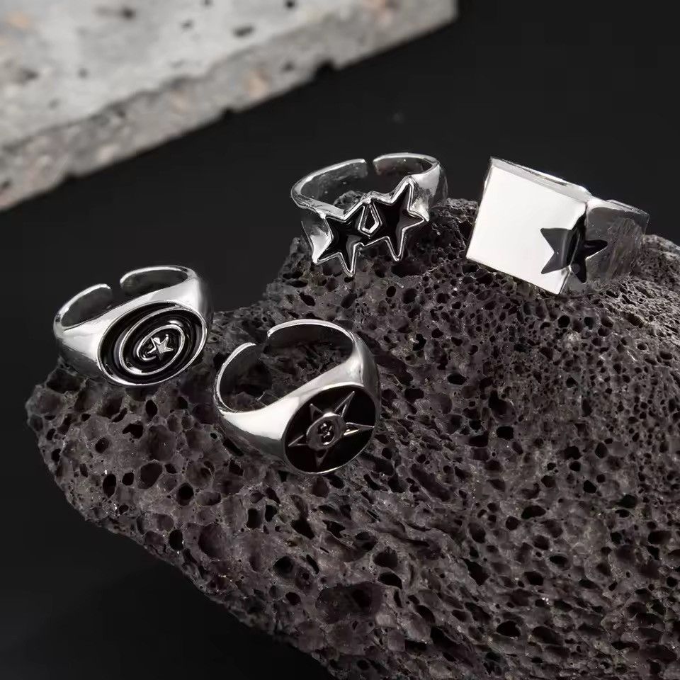 Japanese Brand Akimoto x Yuko 4Pcs/Set Black Five-Pointed Star Open Ring Size ONE SIZE - 5 Thumbnail