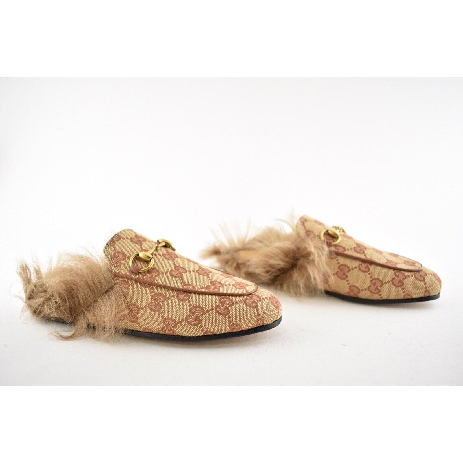 Gucci Princetown Beige Canvas Original GG Fur Loafer