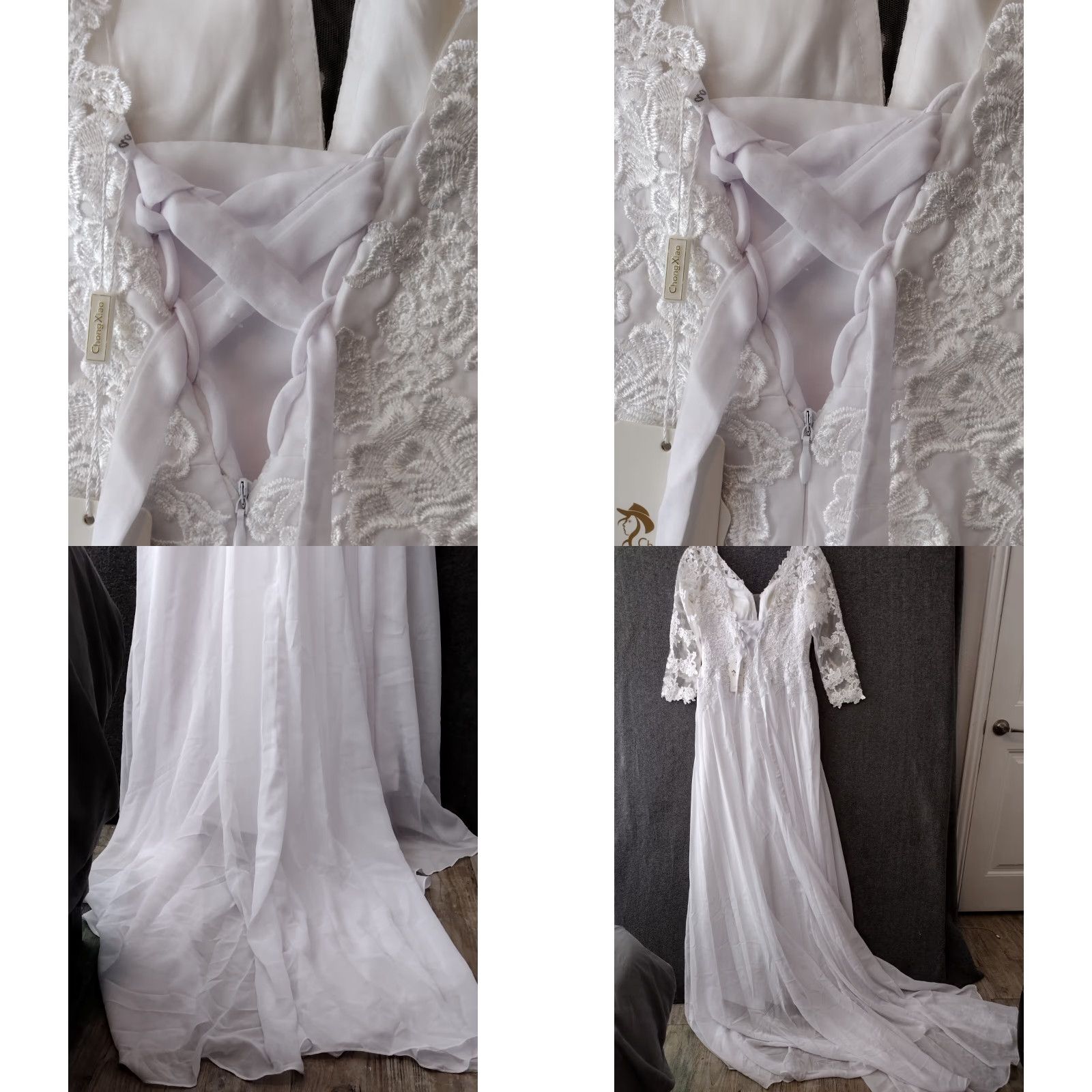Vintage Chong Xiao V-Neck Wedding Dresses Chiffon White/ivory Lace Applique Bridal Gown Size ONE SIZE - 10 Thumbnail