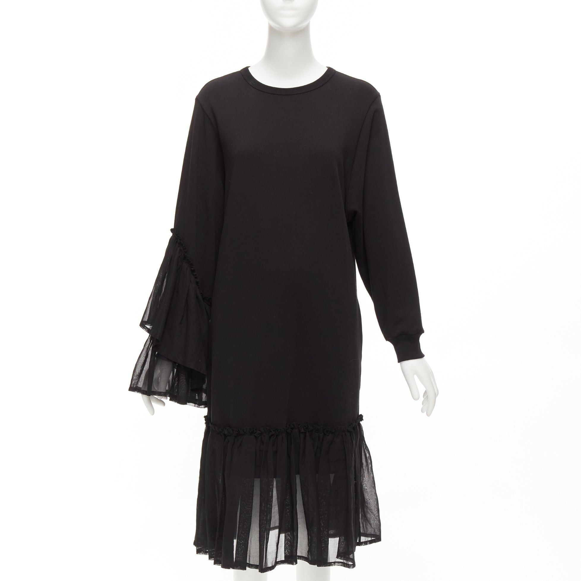 Dries Van Noten DRIES VAN NOTEN black cotton asymmetric sleeve ruffle hem sweatshirt dress S Size S / US 4 / IT 40 - 1 Thumbnail
