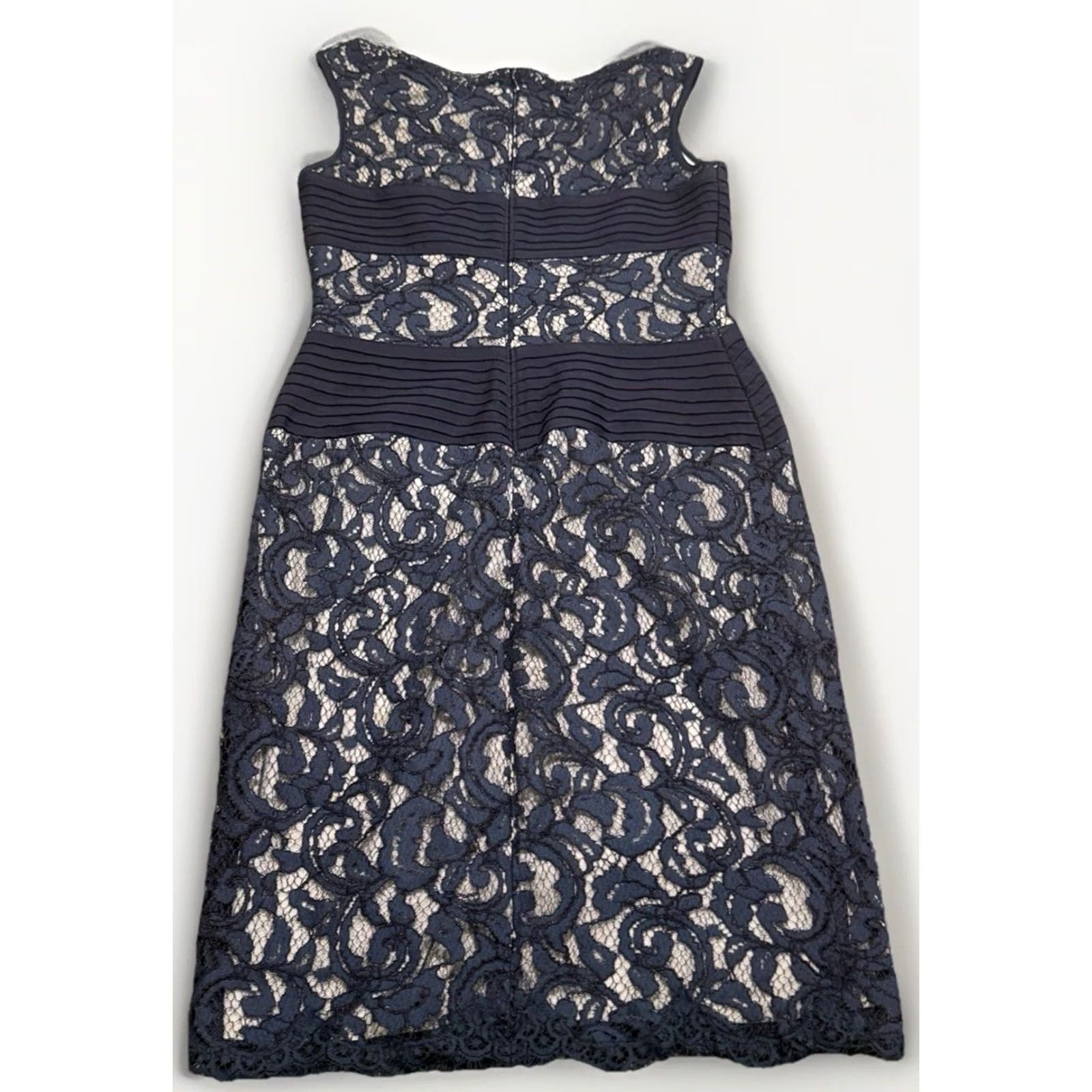 Tadashi Shoji Tadashi Shoji Lace Dress Pintuck Jersey Waist 2P Navy/Ivory Sleeveless Knee Length Boat Neck Zip Womens Petite Formal Party Wedding Workwear dress Size XS / US 0-2 / IT 36-38 - 7 Thumbnail