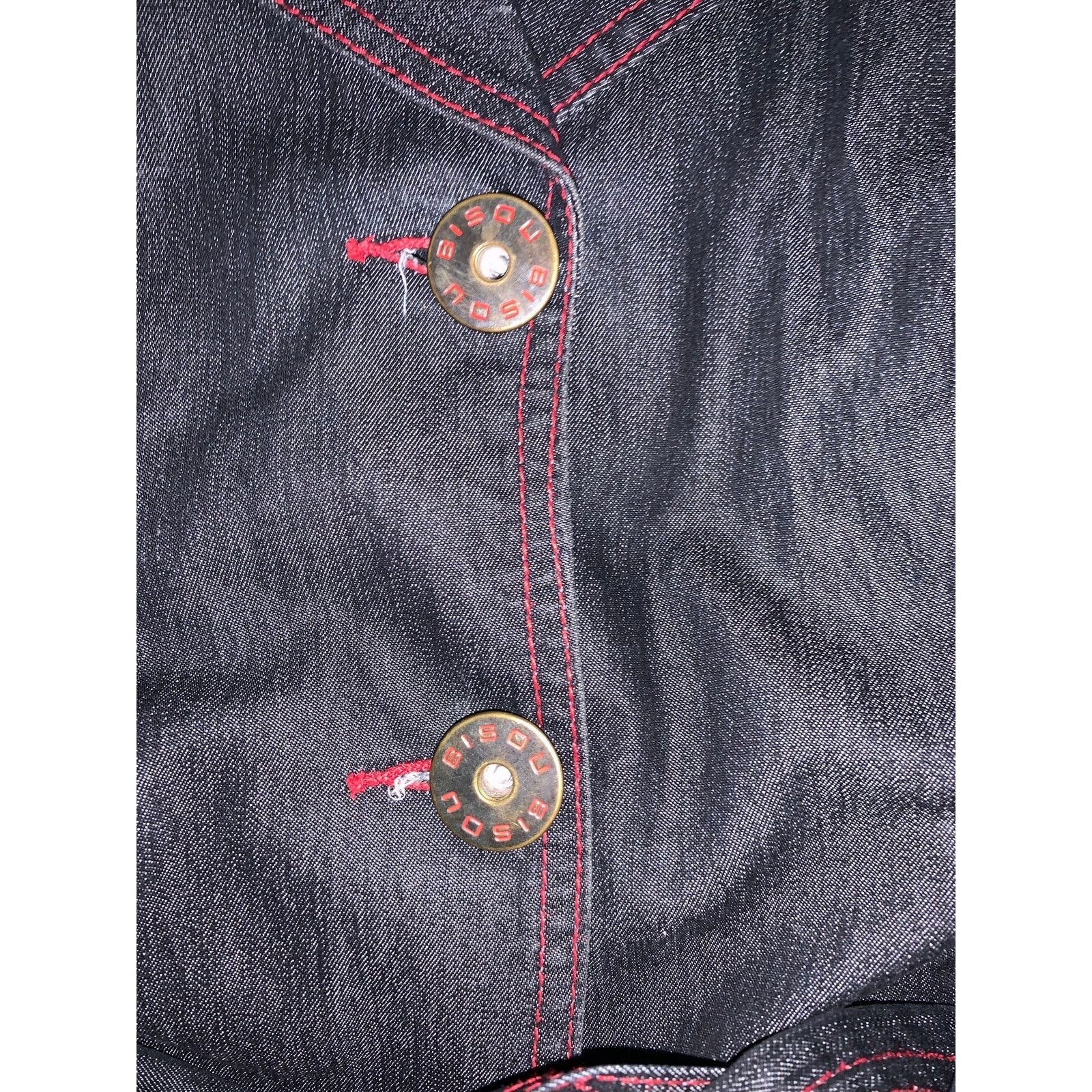 Other × Vintage Bisou Bisou Denim Jacket Belted Dark Wash Red Stitch L Y2K Size L / US 10 / IT 46 - 5 Thumbnail