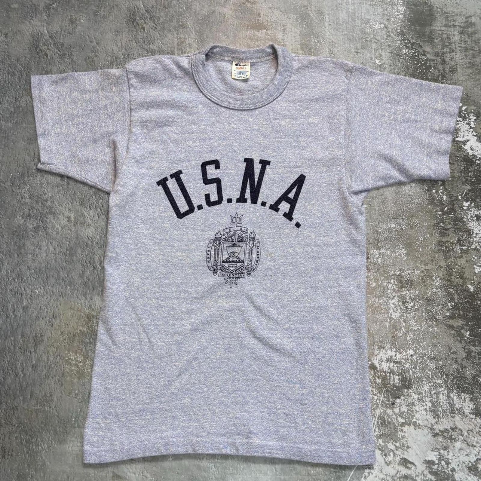Champion × Vintage Vintage 80s Heather Blue USNA T Shirt. Champion Size Small. Size US S / EU 44-46 / 1 - 1 Thumbnail