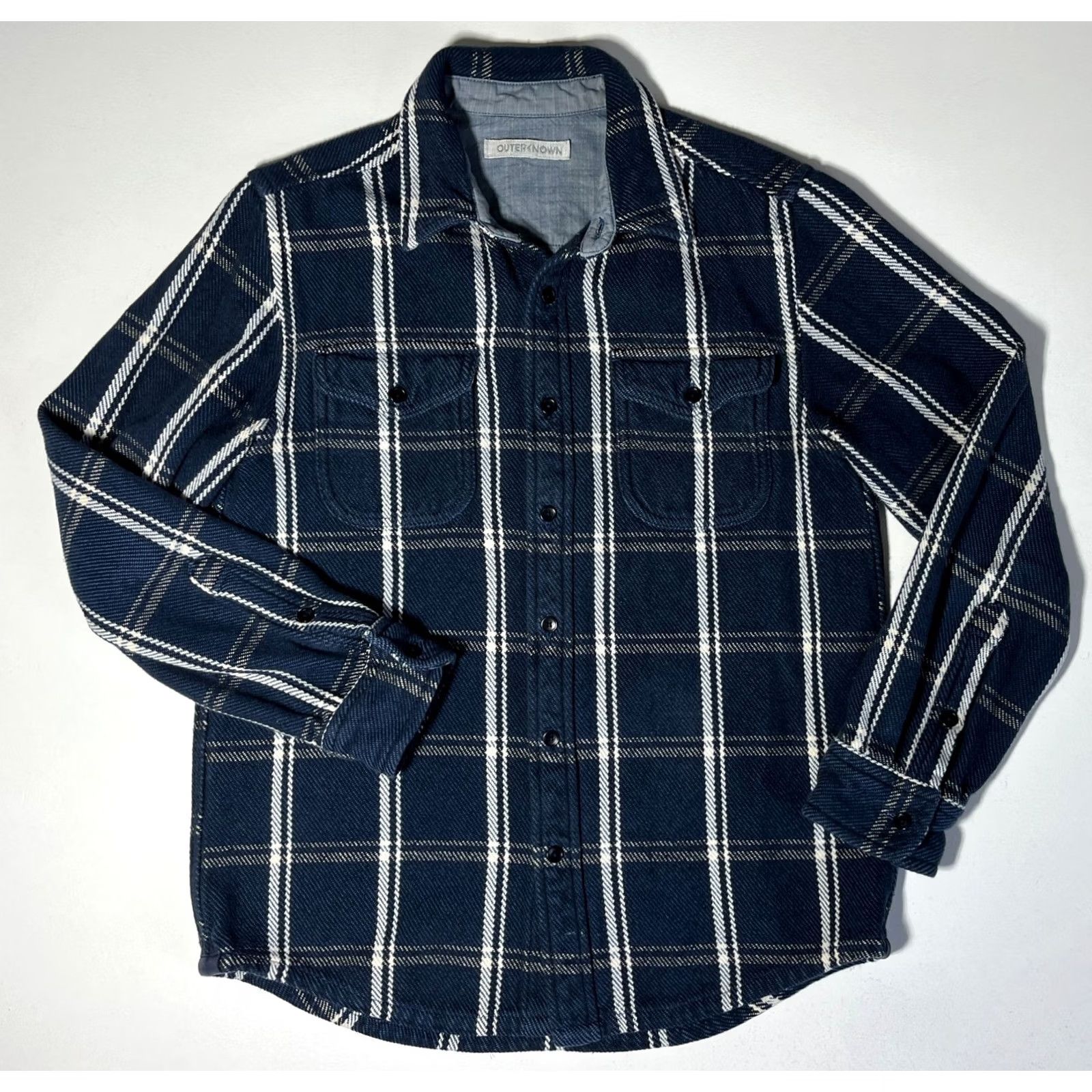 Outerknown Outerknown Men’s Blanket Shirt Plaid 100% Organic Cotton Sz S Navy Blue Button-Up Long Sleeve Pockets Vintage Mens Size US S / EU 44-46 / 1 - 4 Thumbnail