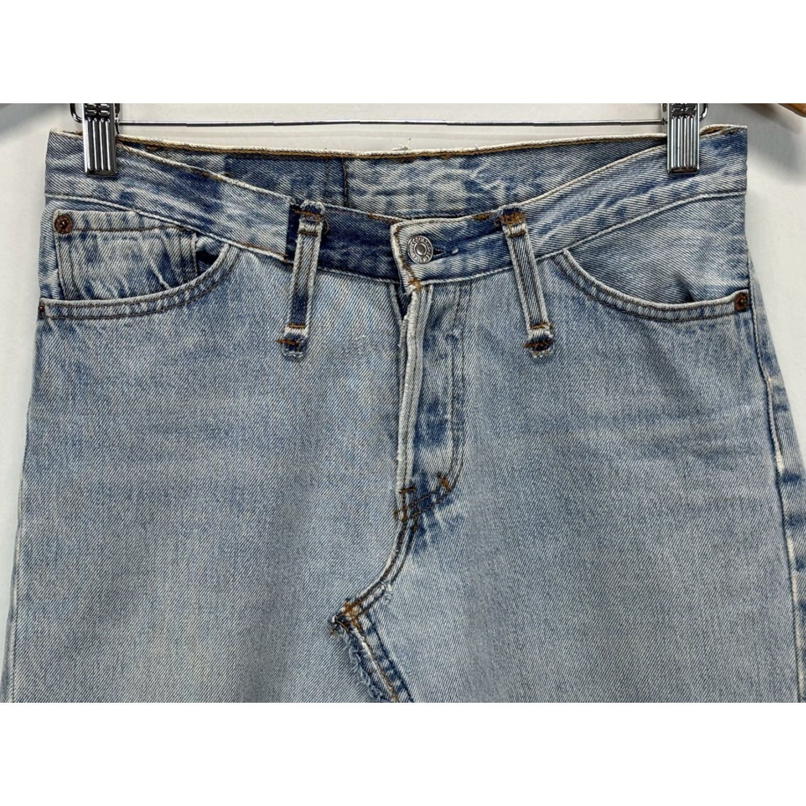 Levi's VINTAGE Levi's X J Bush Hollywood Creations Button Fly Denim Skirt Women 29 Blue 29" Waist Knee-Length Distressed Raw Hem 90s USA Womens Size 29" - 2 Thumbnail