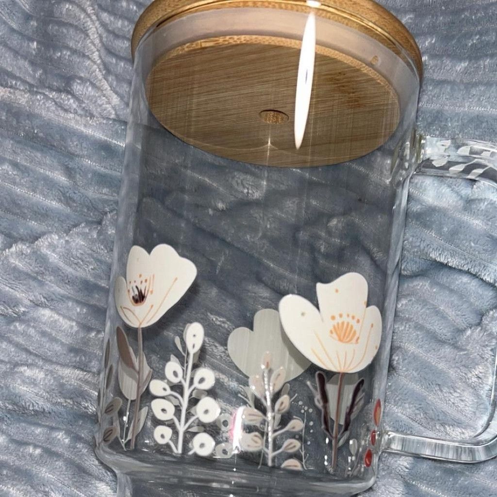The Unbranded Brand 🌼 Floral design glass mug with wooden lid and handle🌼#boho Size ONE SIZE - 1 Thumbnail