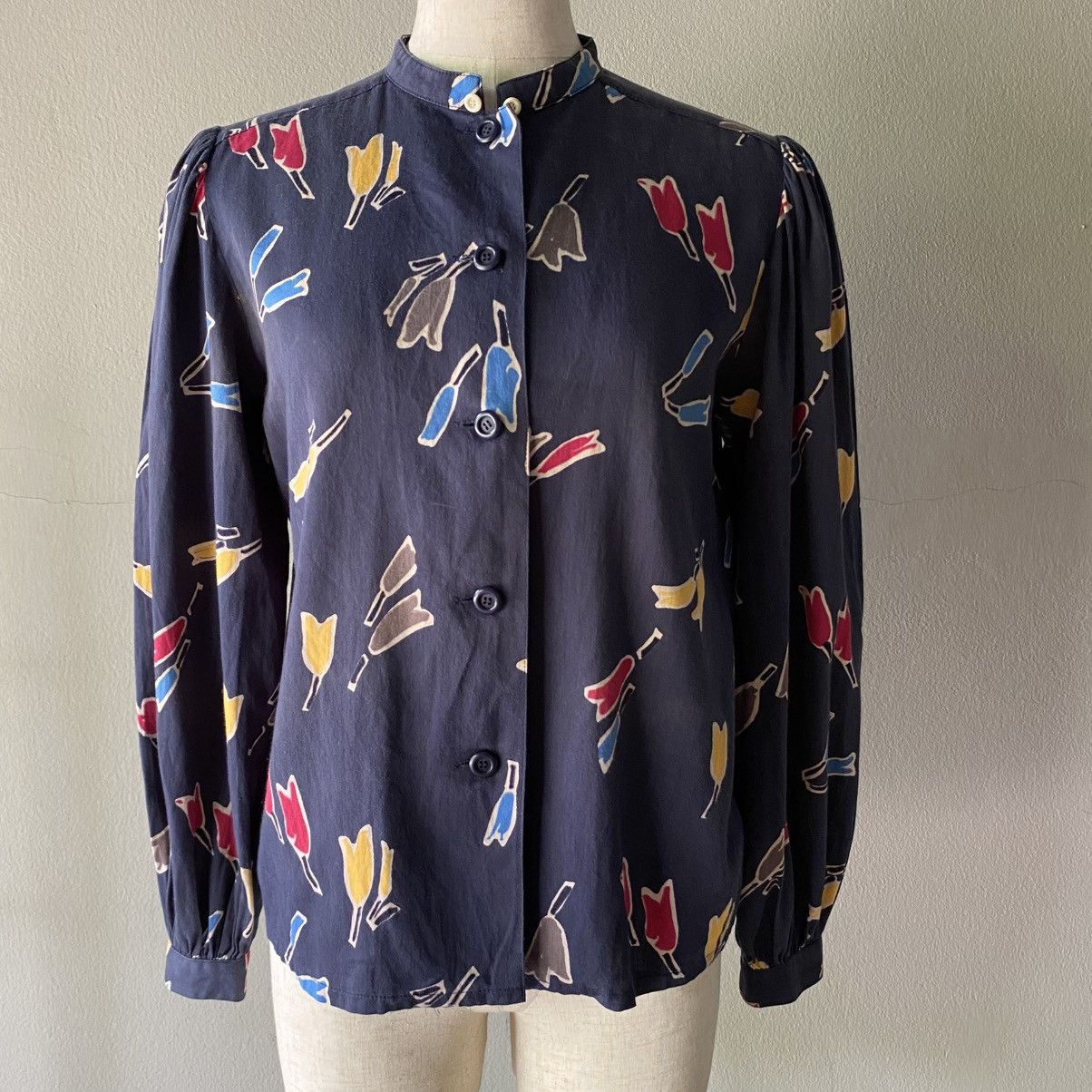 Christian Dior Navy Abstract Tulip Print Blouse