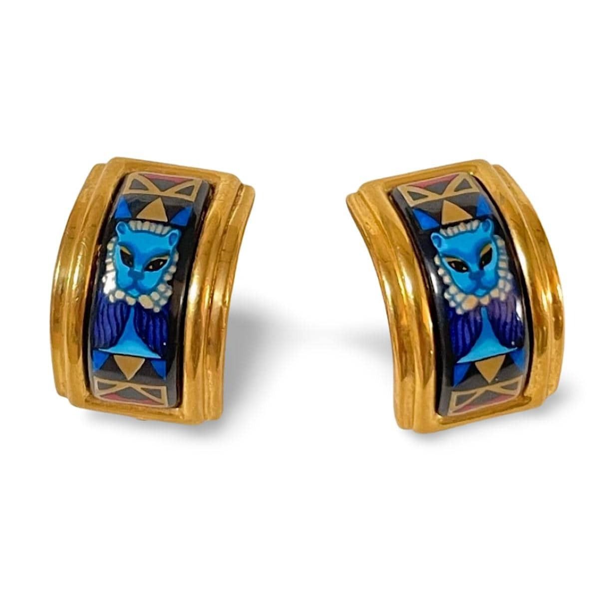 Hermes Vintage Hermes cloisonne enamel earrings with blue lion Size ONE SIZE - 2 Thumbnail