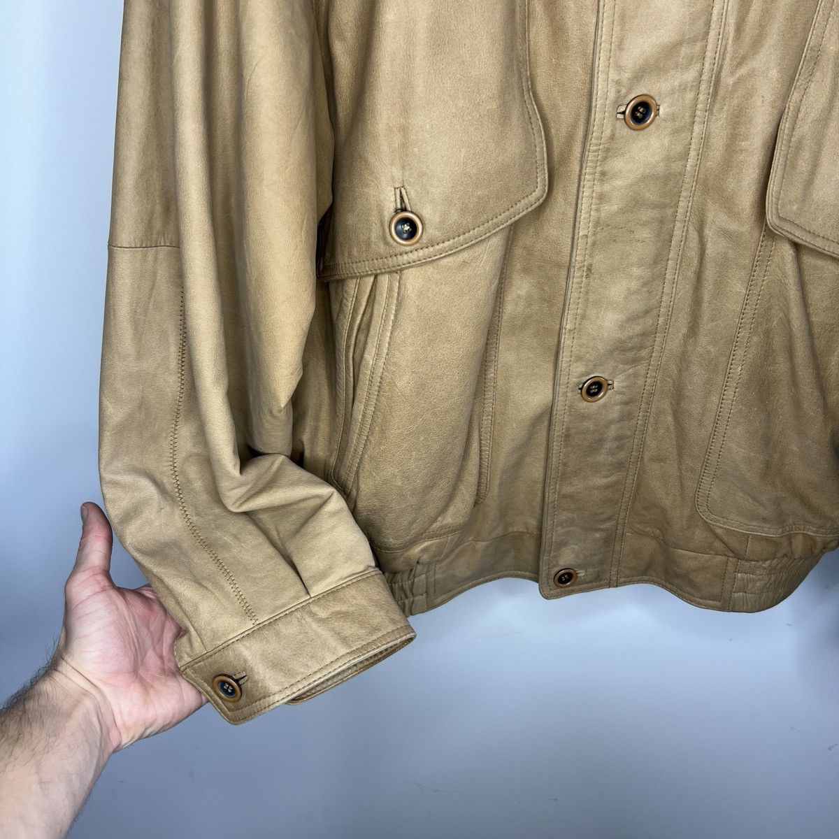 Japanese Brand × Vintage Vintage Leather Jacket Biker Ramones Beige Genuine Trucker Size US XL / EU 56 / 4 - 5 Thumbnail