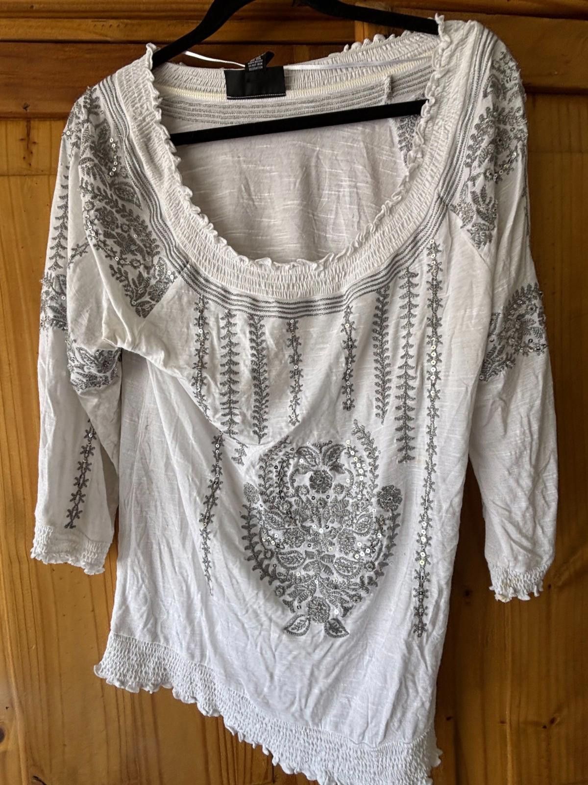 Designer Womens white cotton blouse with silver INC Concepts szL #210 Size L / US 10 / IT 46 - 1 Thumbnail