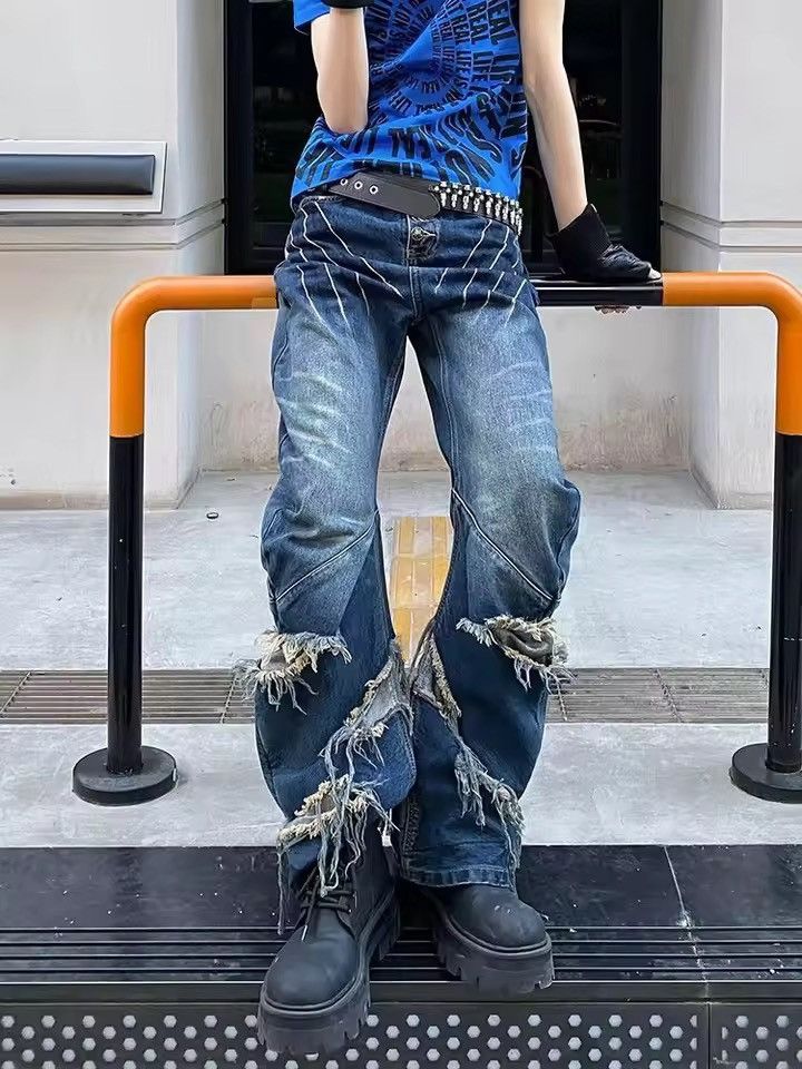 Japanese Brand Retro Y2K Style Patchwork Blue Baggy Stacked Jeans Size 28" / US 6 / IT 42 - 5 Thumbnail