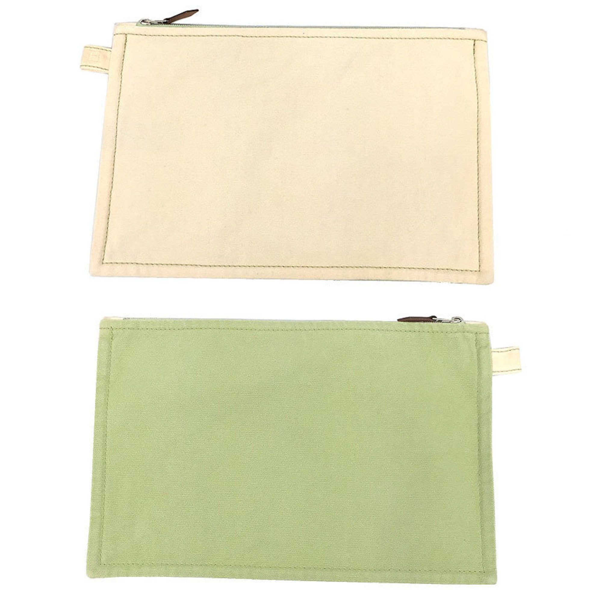 Hermes Hermes Flat Pouch Bora MM Bicolor 100% Cotton Natural x Lime Green Clutch Bag Canvas Size ONE SIZE - 1 Thumbnail