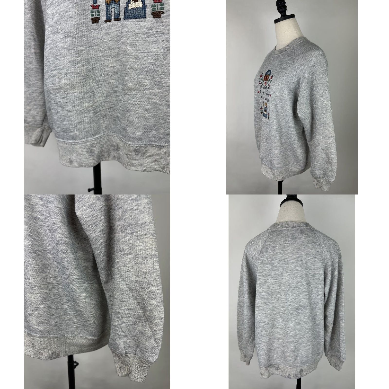 Vintage VINTAGE Bassett-Walker Tri-blend Sweatshirt WOMENS LARGE Heather Gray Needlepoint Sampler STAIN Size L / US 10 / IT 46 - 8 Thumbnail
