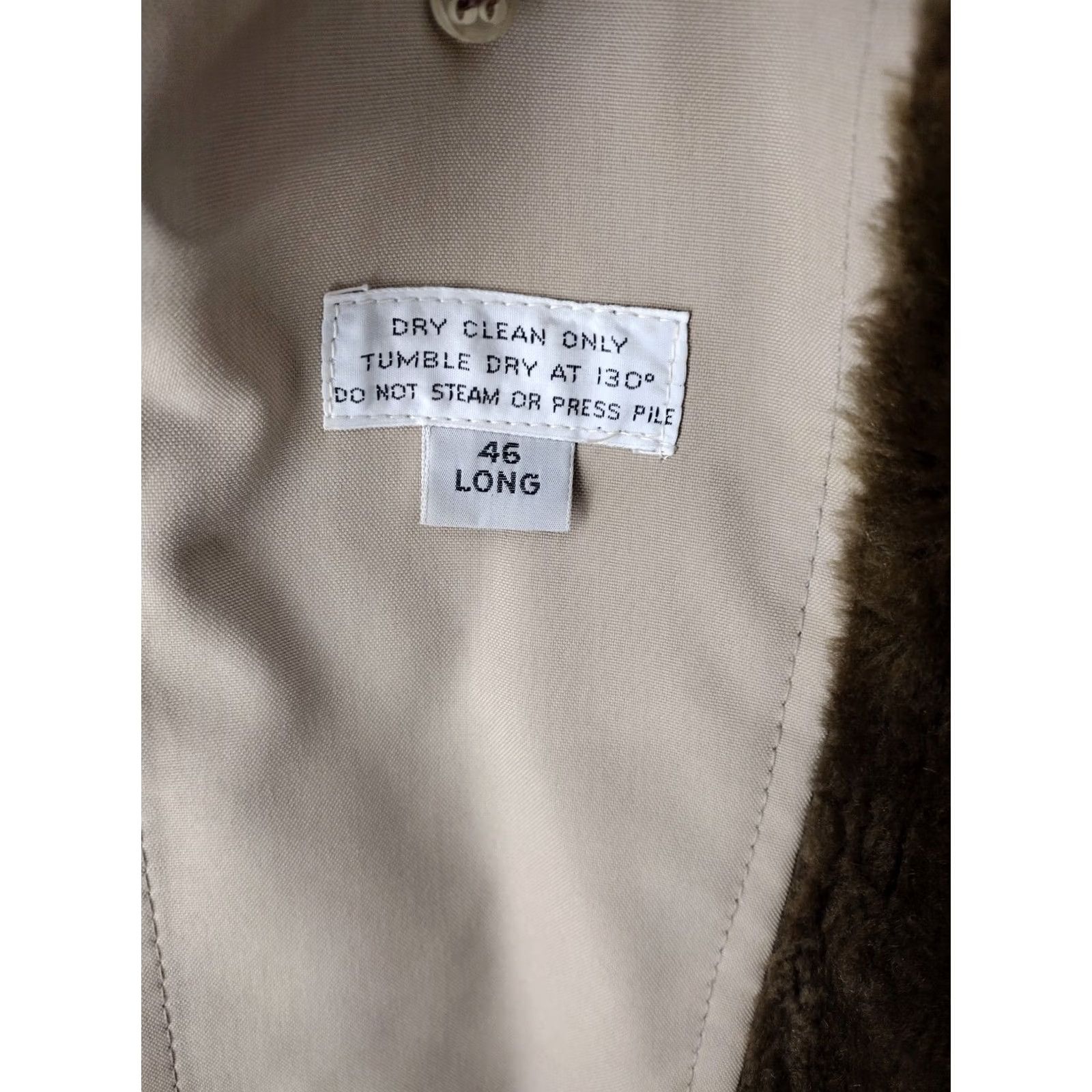 Vintage Driving Coat Mens 46 Long Brown Khaki Faux Fur Lined Big Buttons Deep Pockets Coat Mens 46 Long Brown Faux Fur Lined Canvas Cotton Blend XXL? Size US S / EU 44-46 / 1 - 5 Thumbnail