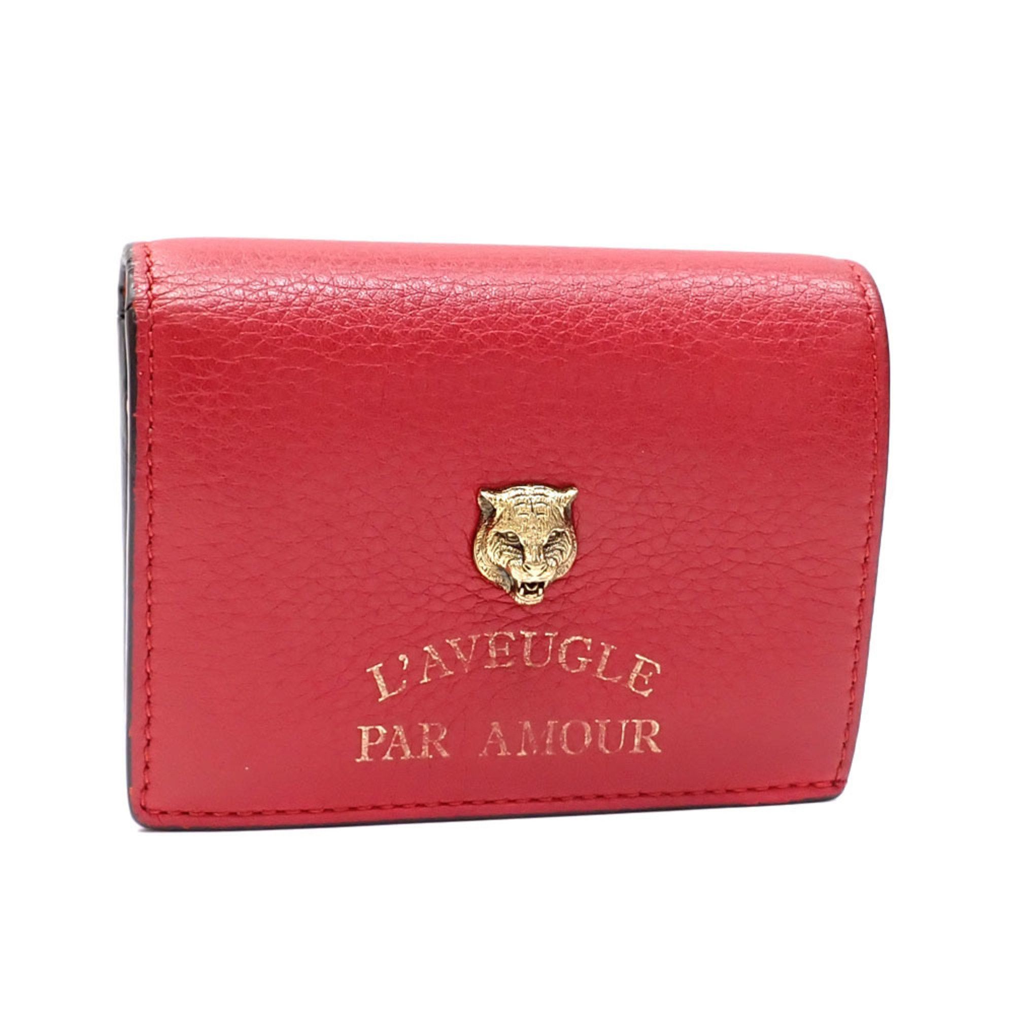 image of Gucci Bi-Fold Wallet Animalier Women's Red Leather 453169 Tiger Compact A211782 in Red Color