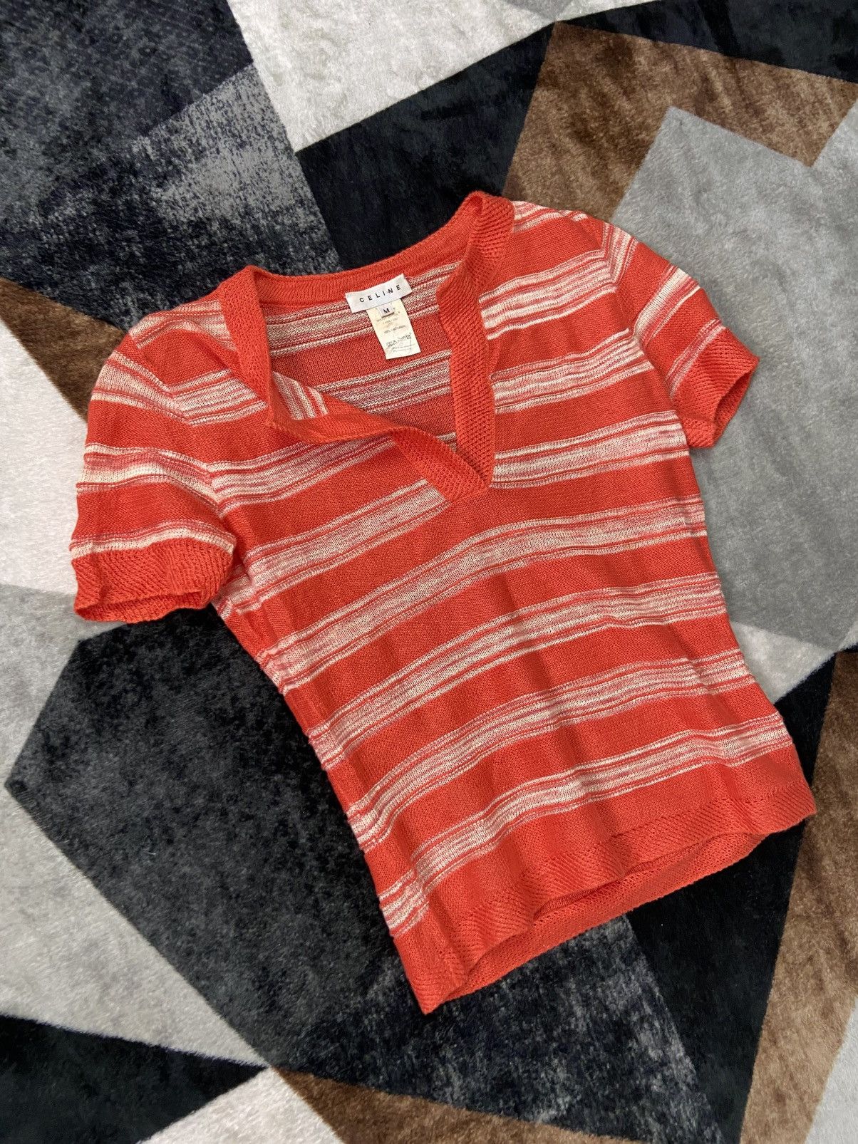 Celine Rare Vintage Celine Orange V Neck Stripe Knitwear Size M / US 6-8 / IT 42-44 - 2 Thumbnail