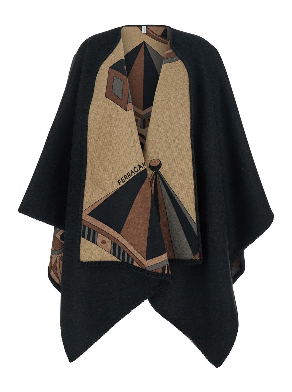 Salvatore Ferragamo Black Reversible Cape with Nadir Print and Logo Lettering on the Front in Cashmere and Wool for Women Size M / US 6-8 / IT 42-44 - 1 Thumbnail