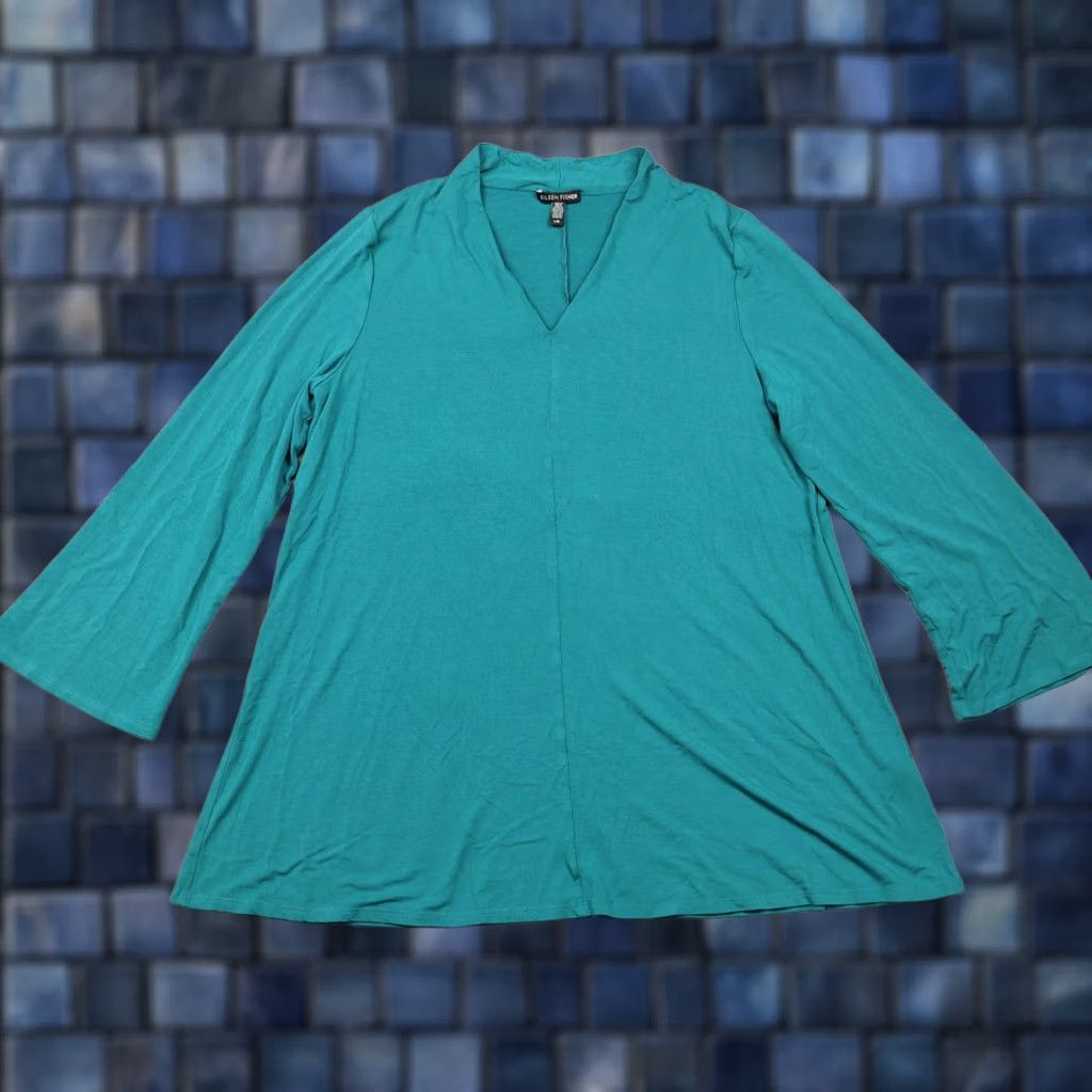 Eileen Fisher Eileen Fisher Womens L Green V Neck 3/4 Sleeve Jersey Tunic Size L / US 10 / IT 46 - 1 Thumbnail