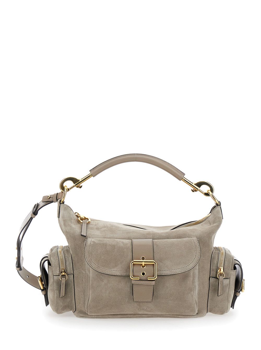 'Camera Bag' Grey Handbag with Adjustable and Removable Shoulder Strap in Suede Woman