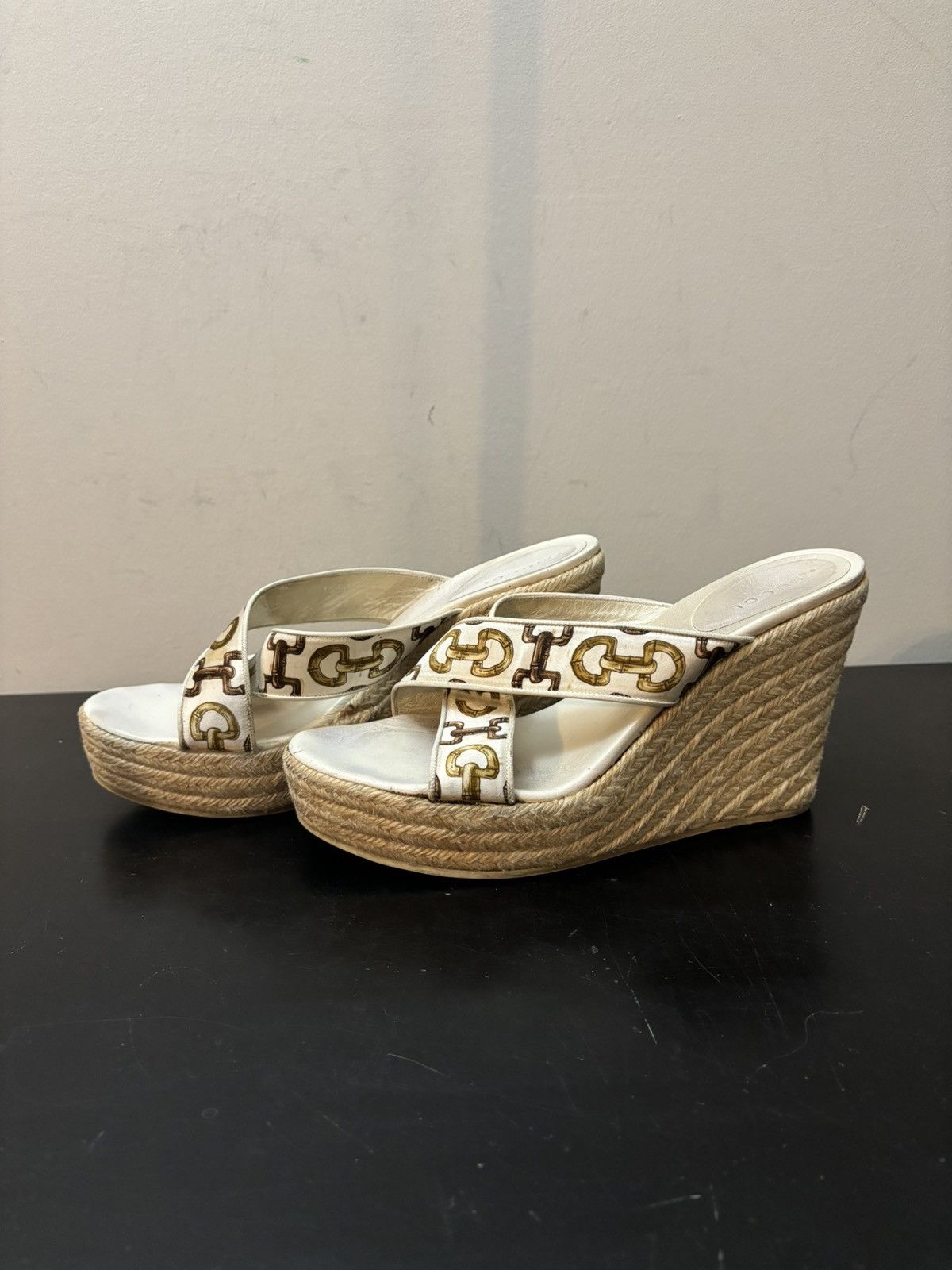 Gucci Bamboo Satin Leather Horsebit Printed Wedge Sandals