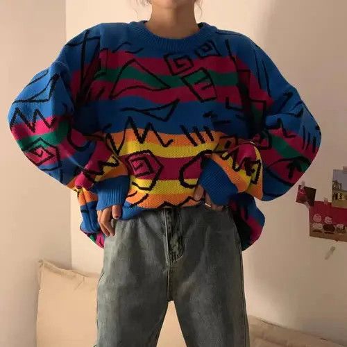 Vintage Korean style loose rainbow striped knitted sweater Size M / US 6-8 / IT 42-44 - 1 Thumbnail