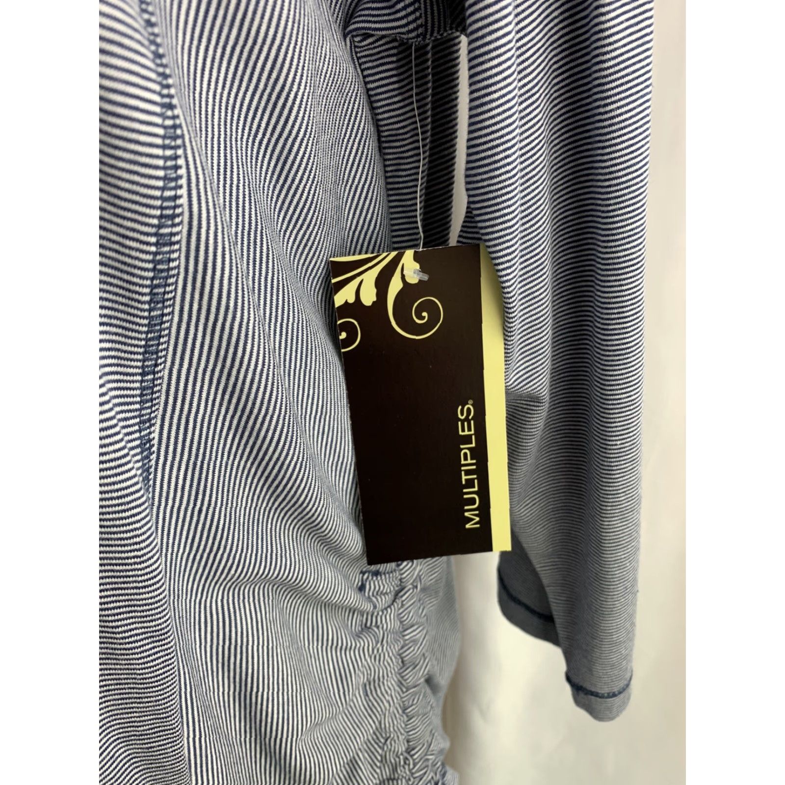 Vintage Large Multiples New Navy Blue and White Stripe Jersey Knit Side Rouche Shirt Size L / US 10 / IT 46 - 7 Thumbnail