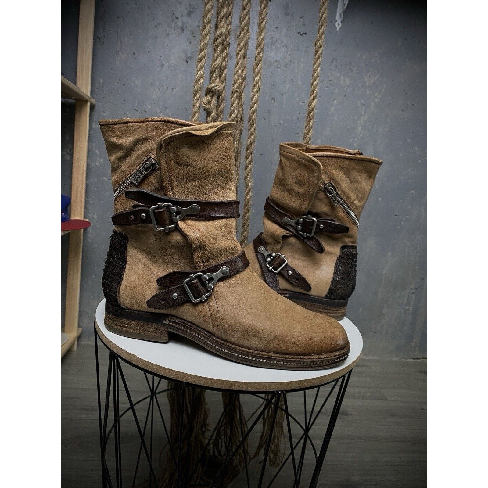 A.s. 98 Zip Leather Heel Shoes Boots Biker Airstep Us 9.-9.5 in Brown, Women's (Size 10)