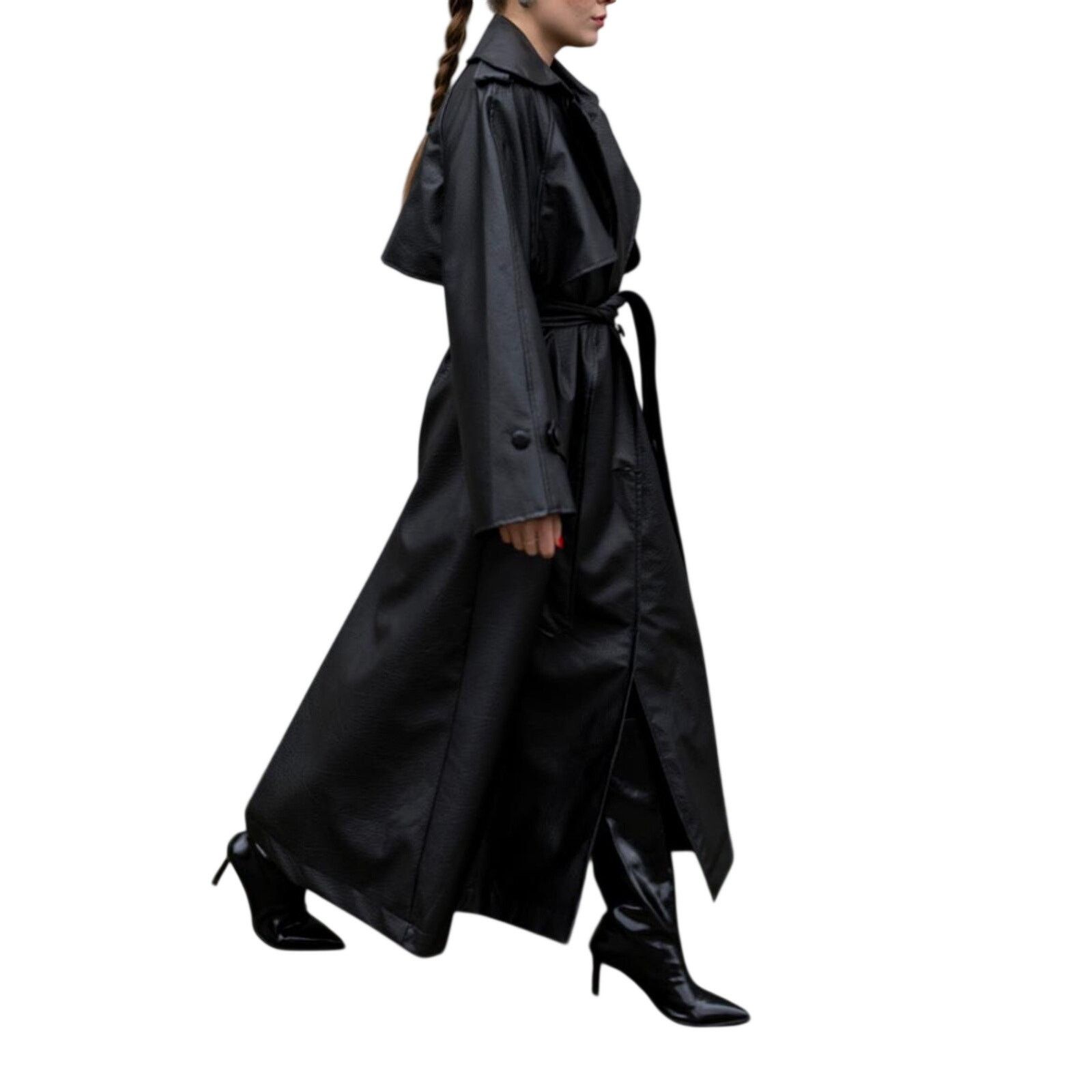 Other Black Faux Leather Trench Coat Women Long Belted Classic Size ONE SIZE - 6 Thumbnail