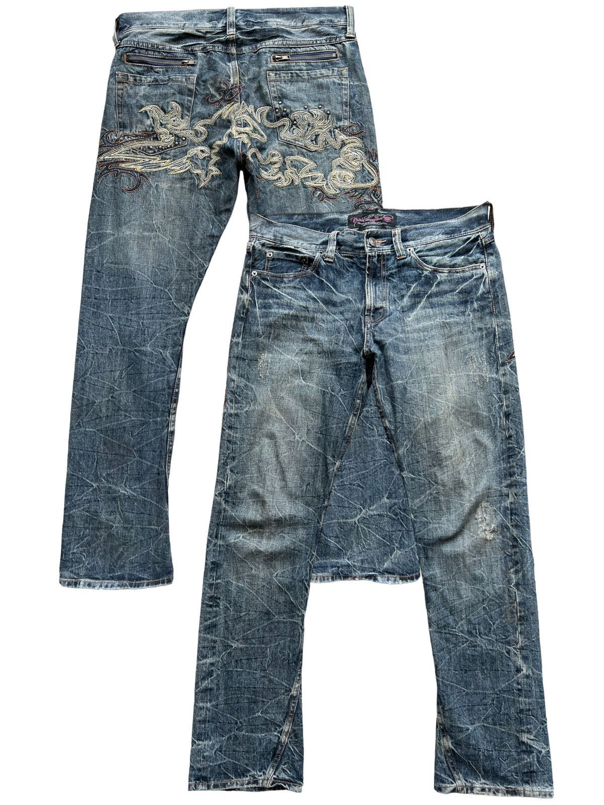 image of Avant Garde x Sukajan Souvenir Jacket Sukajan Japan Embroidered Punk Logo Denim Jeans 34X31 in Acid