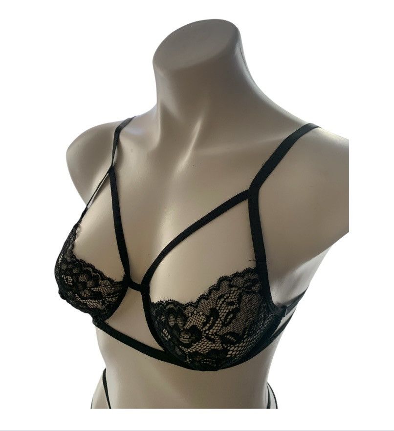 Designer NWT Black Bustier Bra Thong Lingerie Set Embroidered Lace Size ONE SIZE - 7 Thumbnail