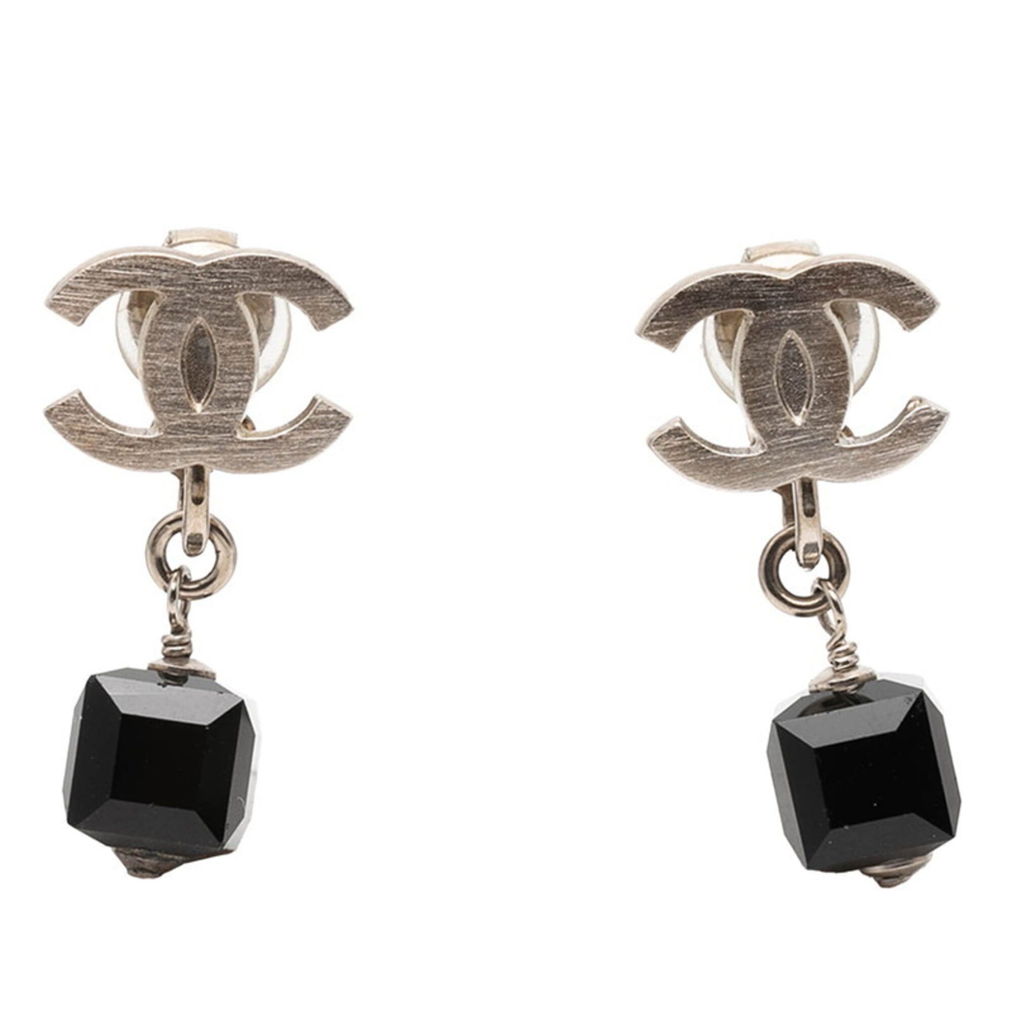 Chanel Chanel Coco Mark Earrings, 08P Engraving, Silver, Black Metal, Plastic, Women's, CHANEL Size ONE SIZE - 1 Thumbnail