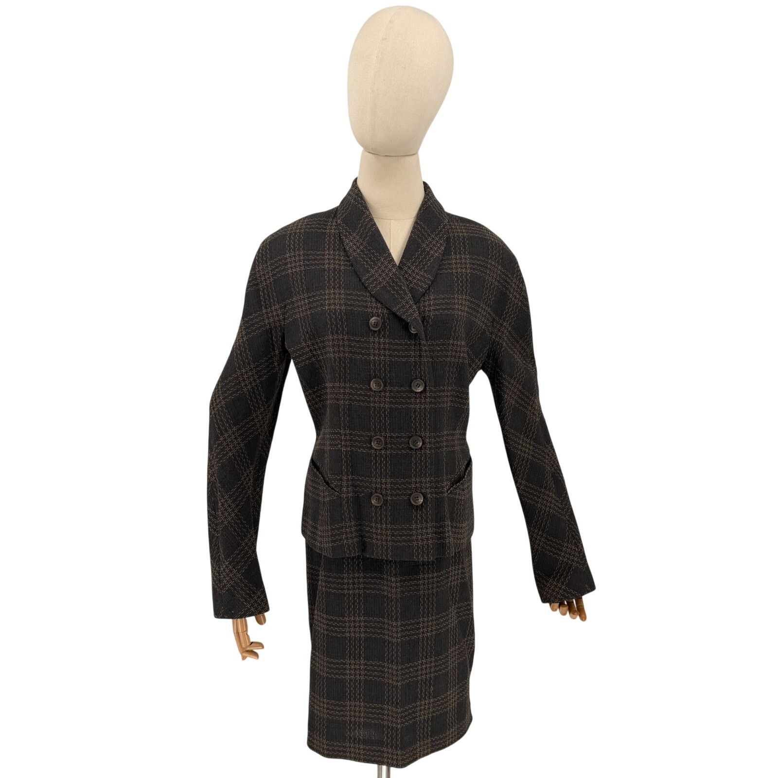 Emanuel Ungaro Vintage 90s Gray Wool Plaid Double Breasted Skirt Suit Size XL / US 12-14 / IT 48-50 - 1 Thumbnail
