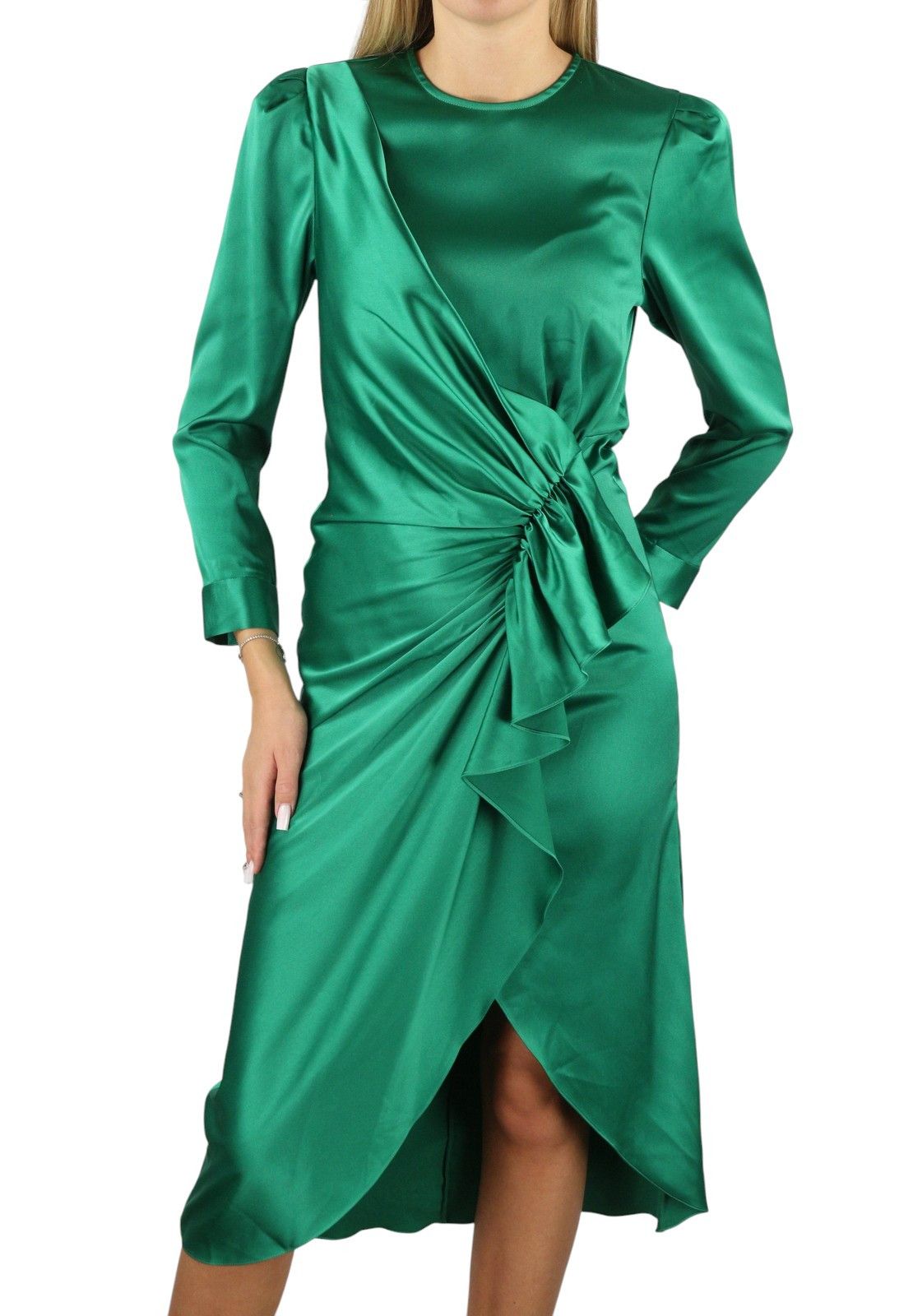 Sandro 36 S Green Ruffled Satin Effect Wrap Long Sleeve 88497 Size S / US 4 / IT 40 - 1 Thumbnail