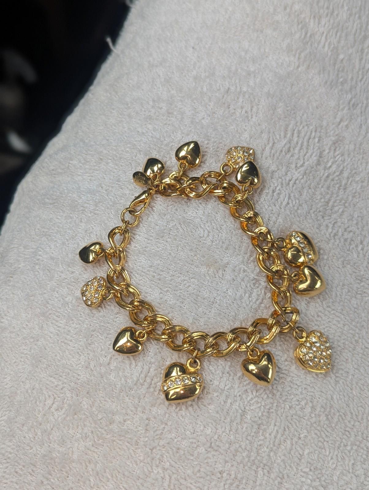 Designer VTG Nolan Miller Gold Tone Rhinestone Heart Charm Bracelet Size ONE SIZE - 2 Thumbnail