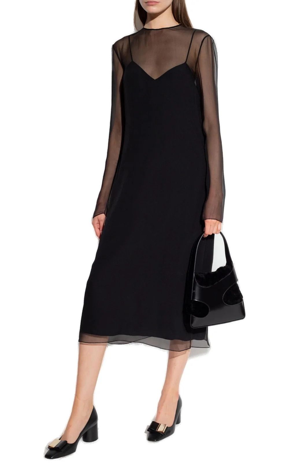 Salvatore Ferragamo o1s1rm0924 Silk Midi Dress in Black Size L / US 10 / IT 46 - 4 Thumbnail