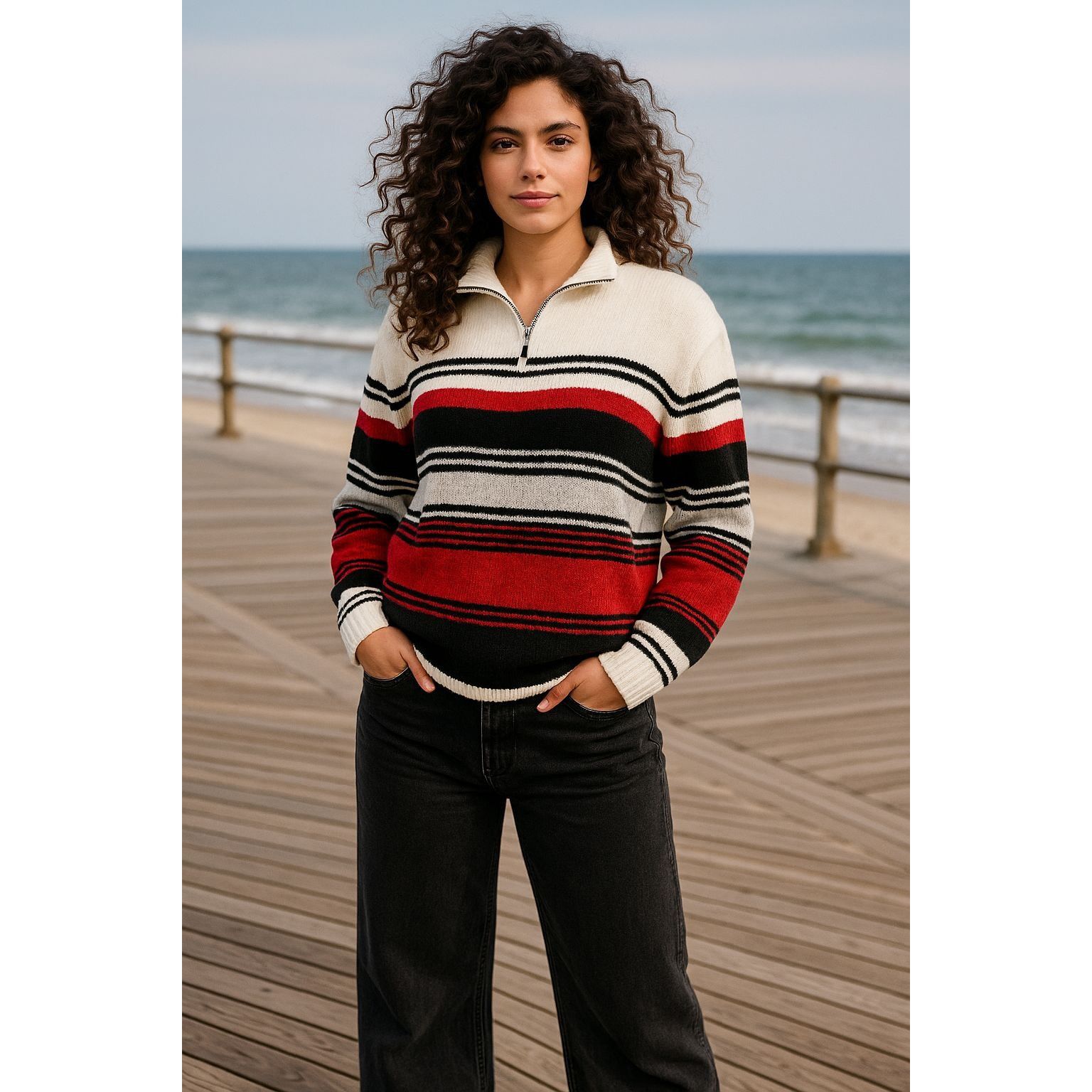 Other Alfred Dunner Large Red Black Striped Chenille Pullover Cozy Size L / US 10 / IT 46 - 1 Thumbnail