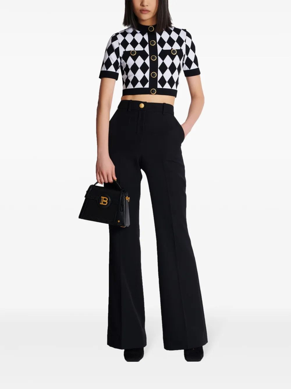 Balmain o1s1wg110725 Diamond Jacquard Knitted Top in Black/White Size XL / US 12-14 / IT 48-50 - 2 Thumbnail