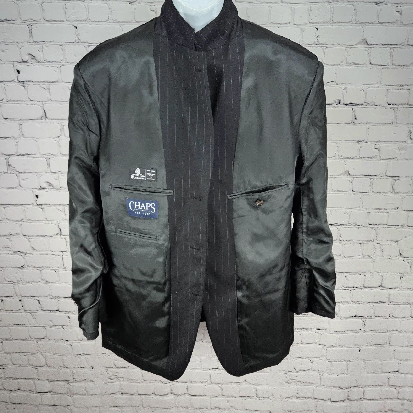 Chaps Chaps Blazer Sport Coat 42R Black 100% Wool Pinstriped Notch Vented 3 Button Single-Breasted Mens Jacket Size 42R - 6 Thumbnail