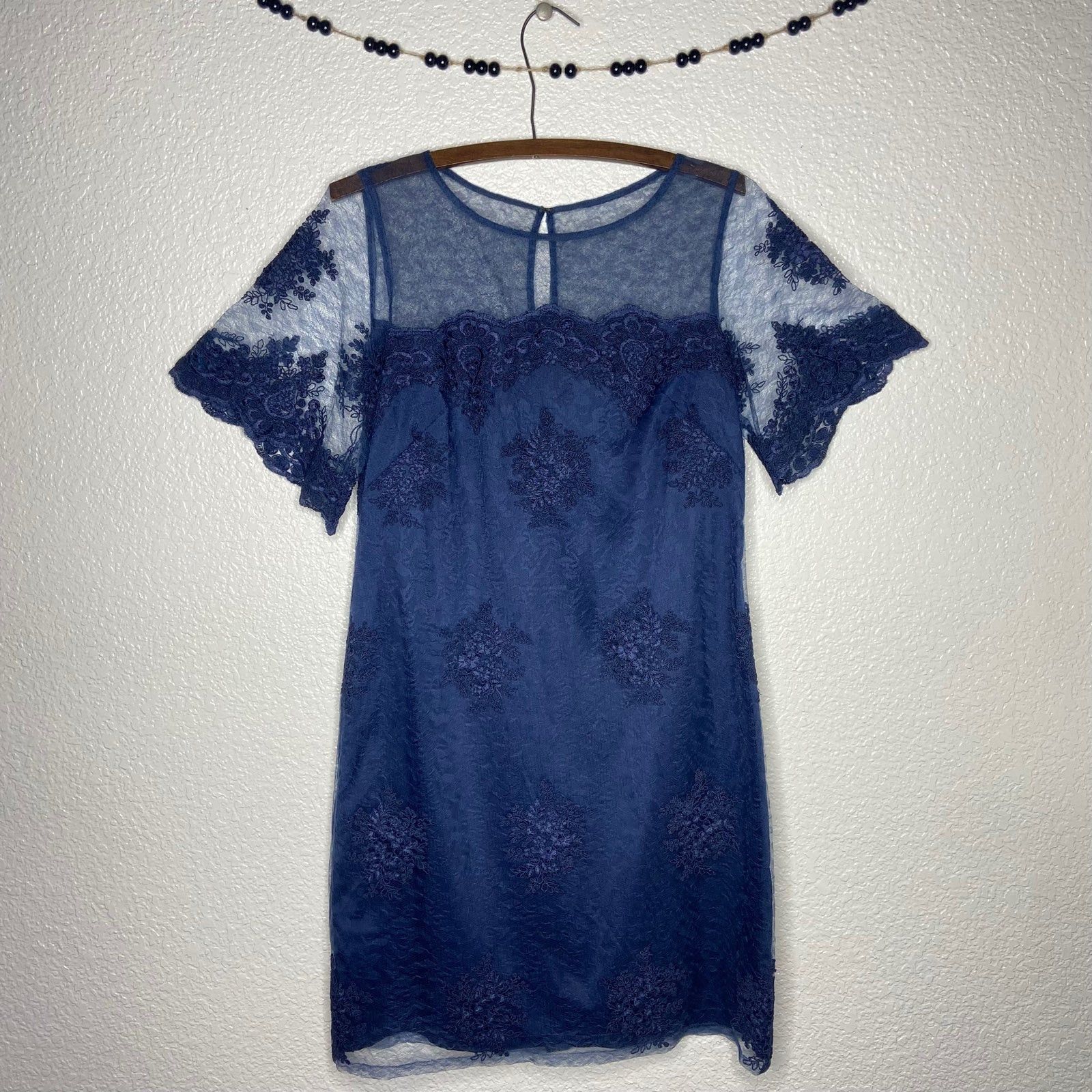 Adrianna Papell Adrianna Papell Semi Sheer Embroidery Navy Shirt Dress Size M / US 6-8 / IT 42-44 - 2 Thumbnail