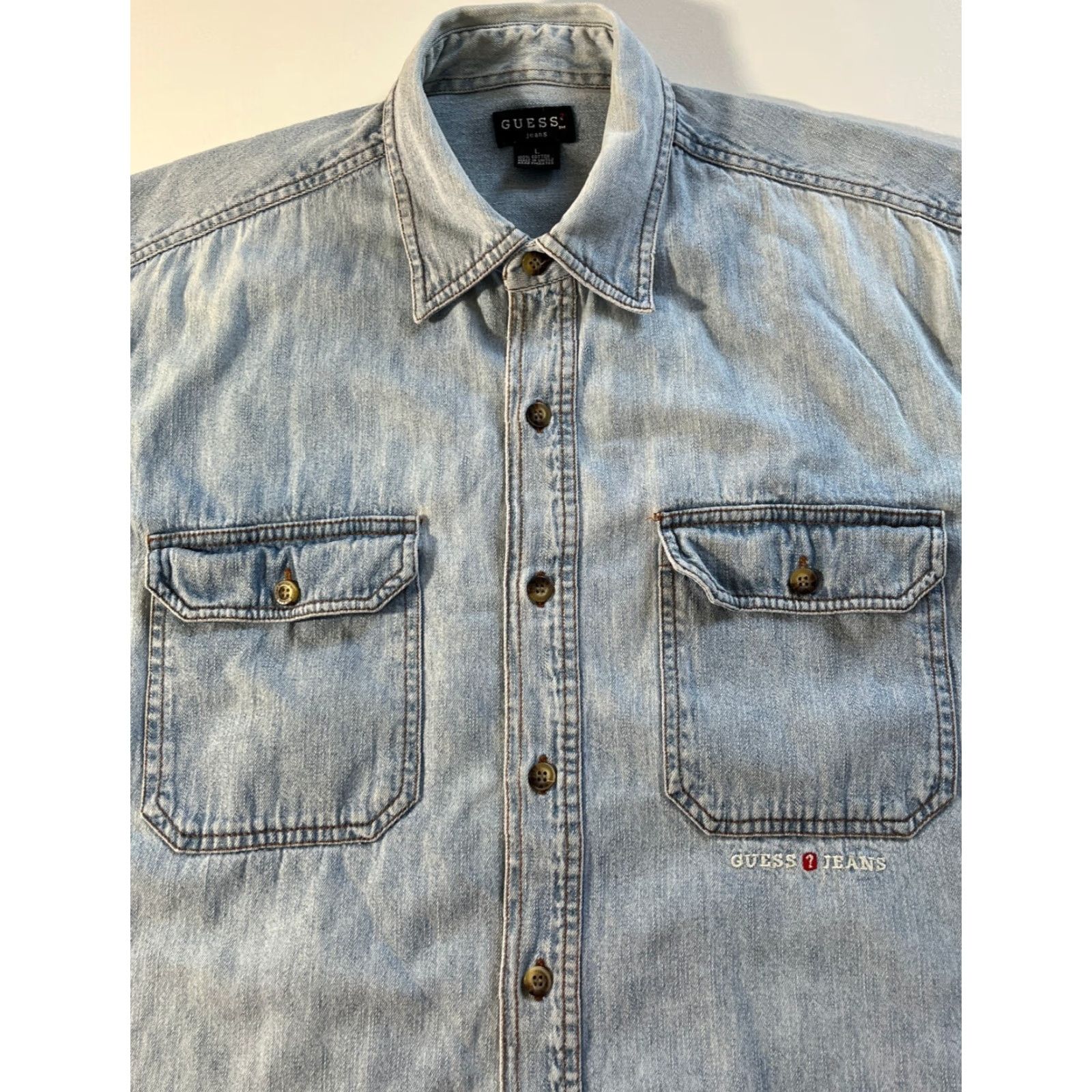 Guess VINTAGE Guess Denim Shirt Mens Button-Up LS 90s Americana Size L Blue Cotton Embroidered Pockets Size US L / EU 52-54 / 3 - 4 Thumbnail