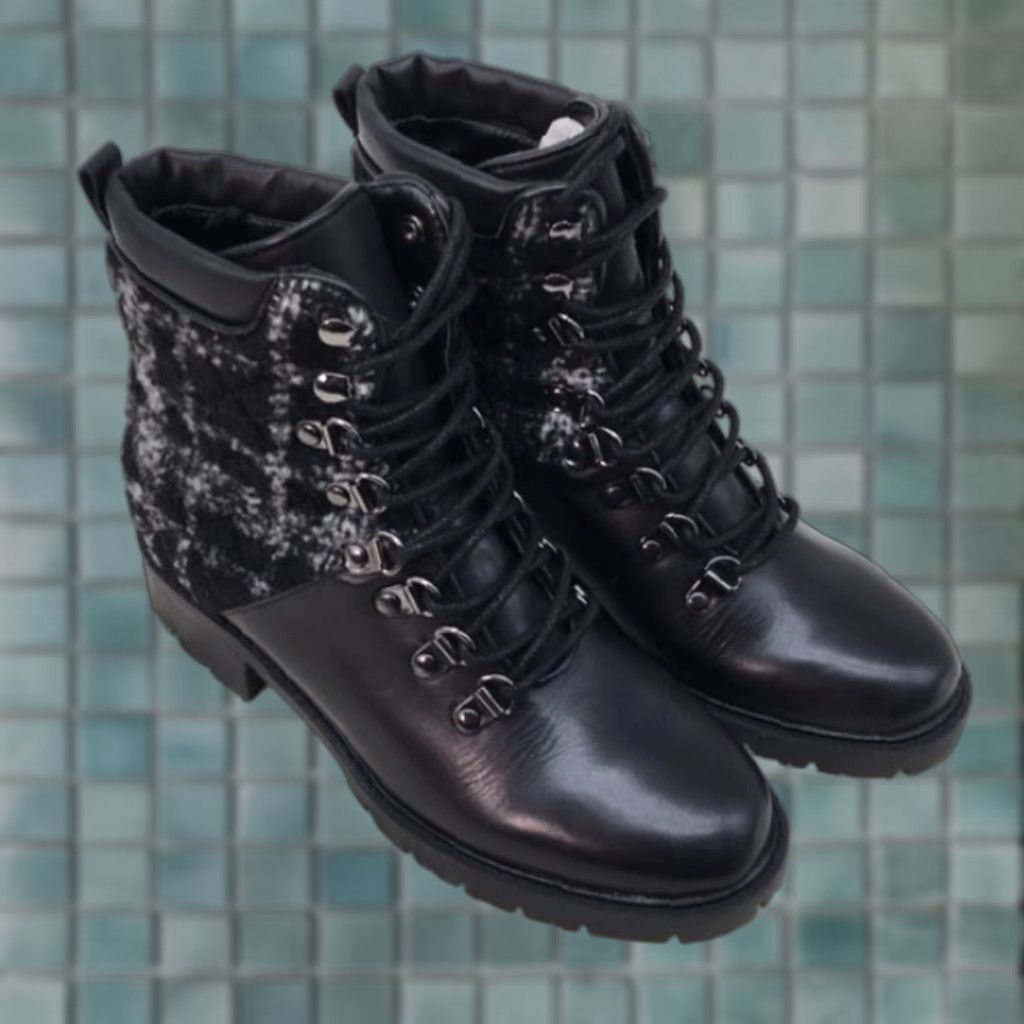 MARC FISHER Lanzia 3 Leather Bootie Plaid Wool Lace Up Black 6 M BLK New 45