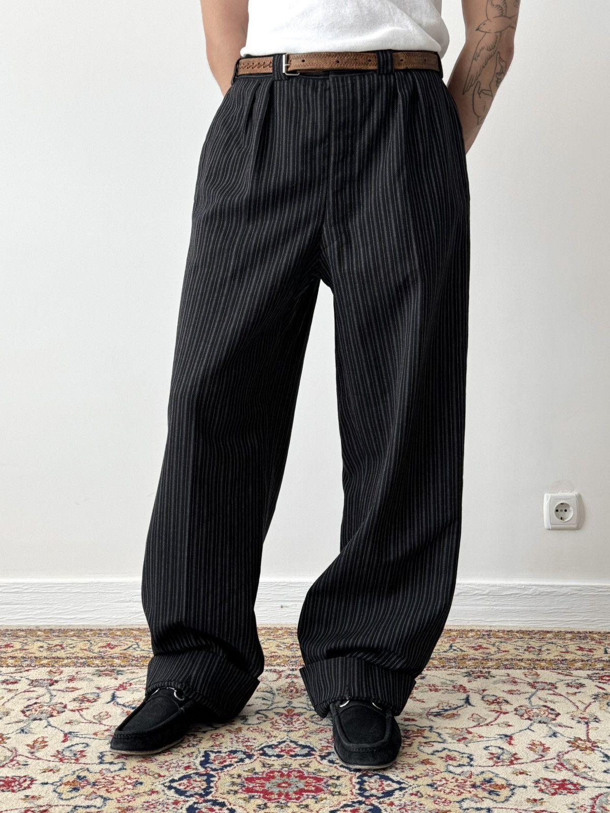 Pre-owned Avant Garde 1940s Vintage Swiss Bespoke Morning Striped Trousers