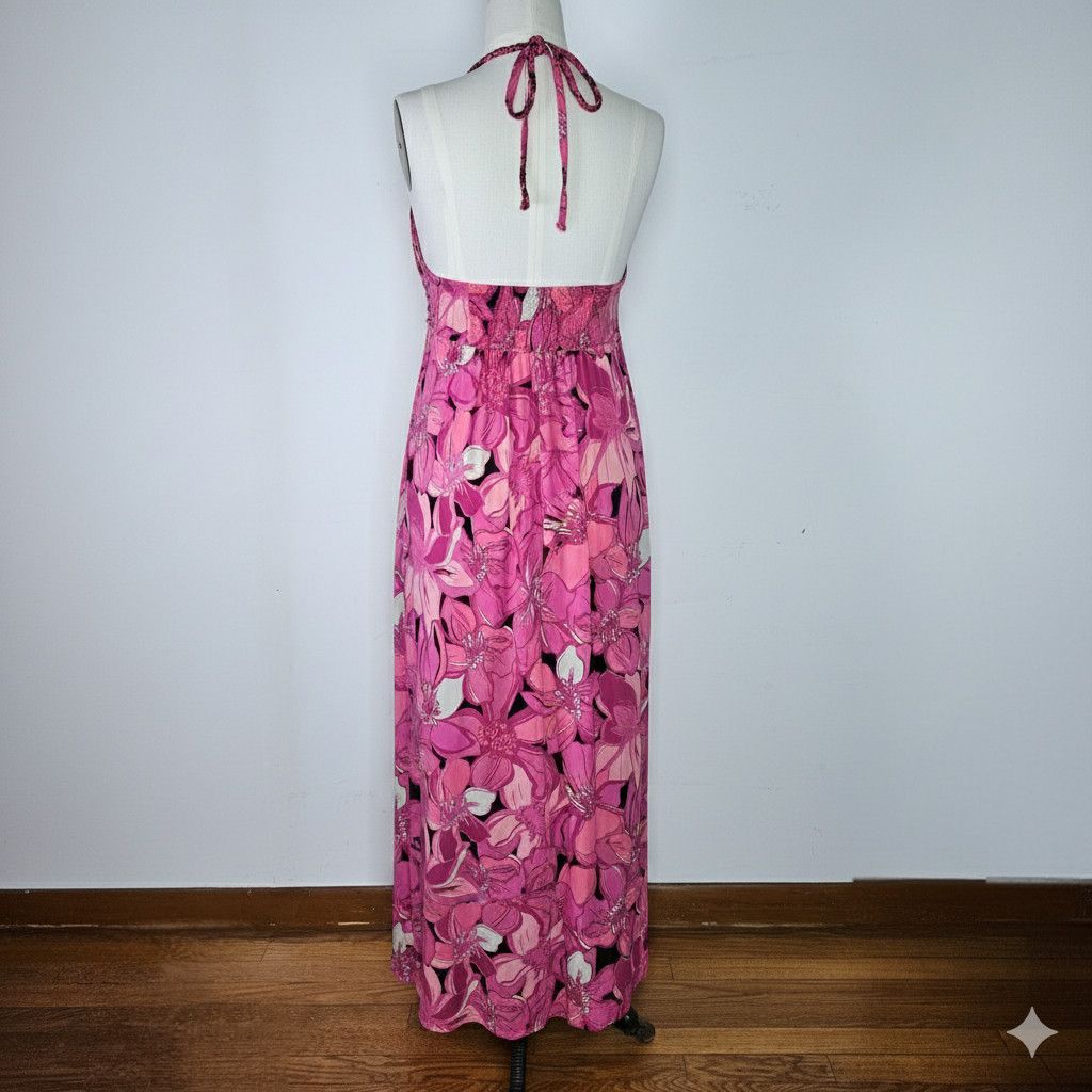 Other Elle Size XL Dress Pink Fuchsia Floral Halter Smocked Maxi Size XL / US 12-14 / IT 48-50 - 3 Thumbnail
