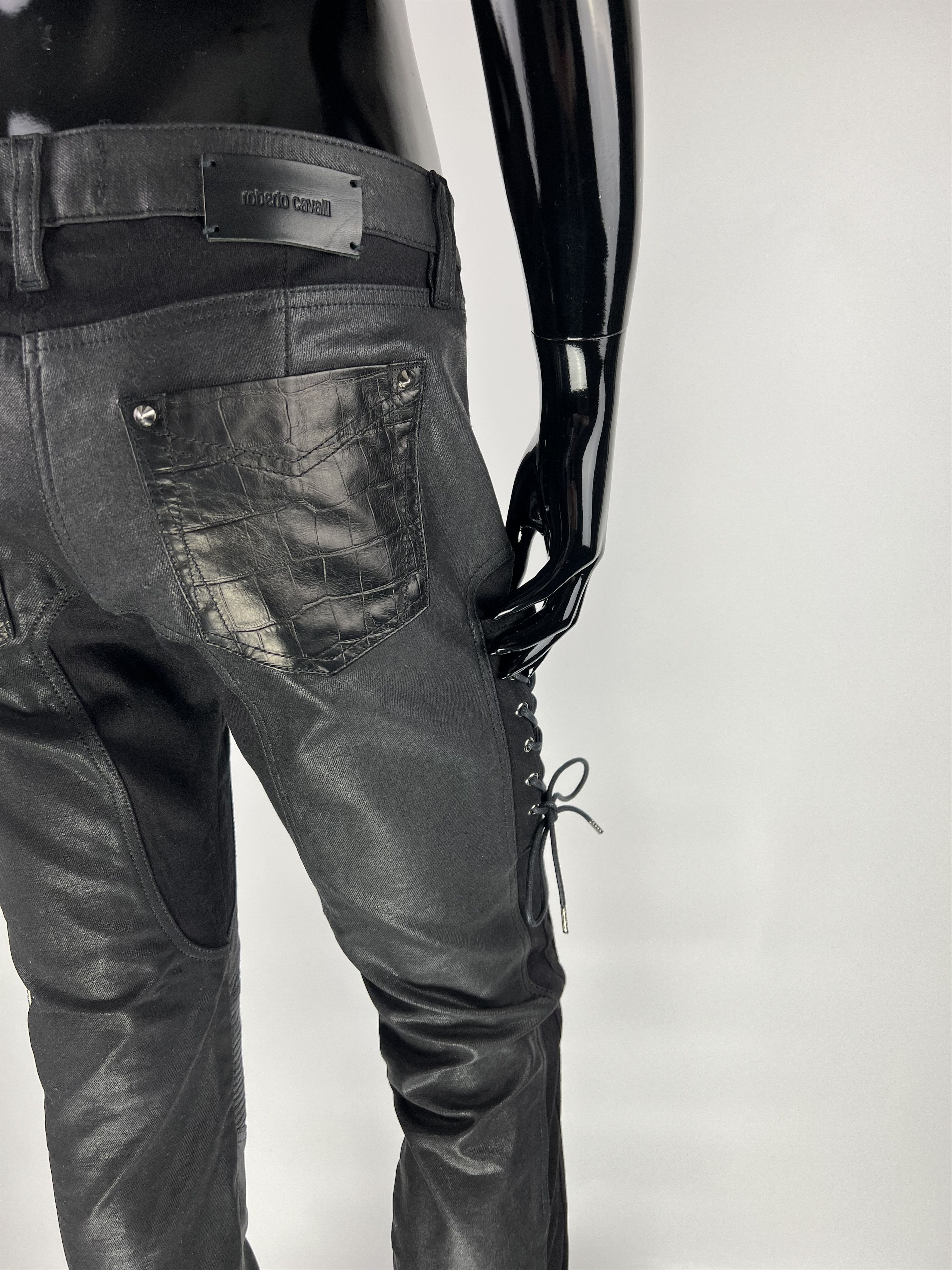 Roberto Cavalli Lace Up Leather Pockets Croco Print Waxed Pants Size IT42 Size 28" / US 6 / IT 42 - 4 Thumbnail