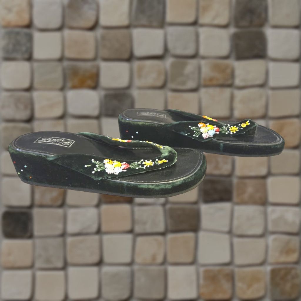 Velvet VINTAGE 90s Green Velvet Beaded Thong Sandals Hippie Boho 9 Size US 9 / IT 39 - 1 Thumbnail