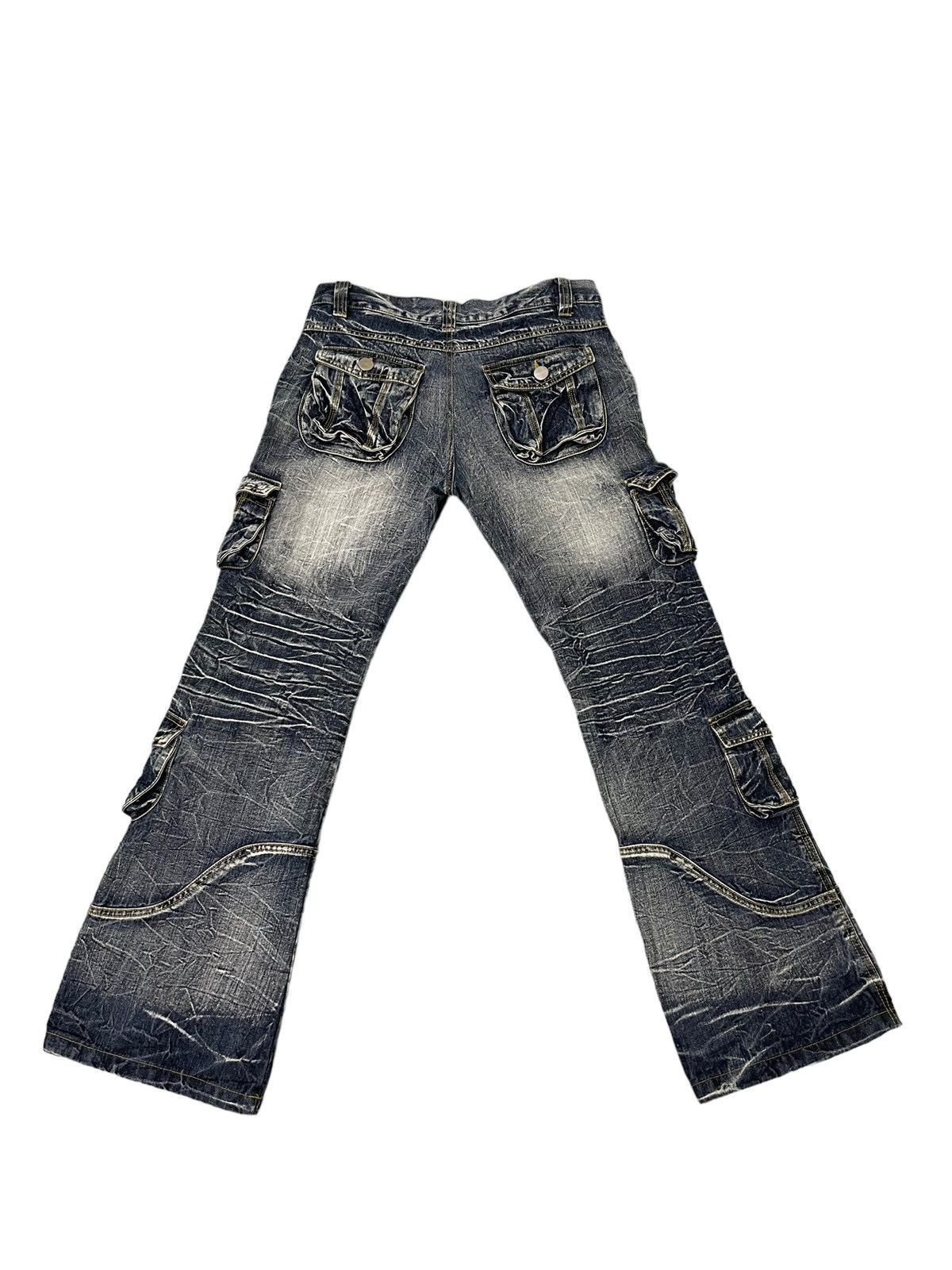 Japanese Brand Flare Jeans Cargo Topism Distress Acid Wash Boot Cut 7🟦4 Size US 33 - 12 Thumbnail