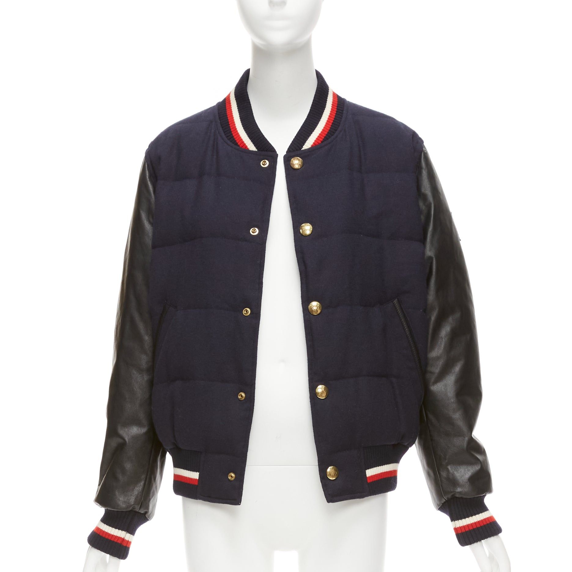 Moncler MONCLER GAMME BLEU navy wool leather sleeves goose down bomber jacket Sz2 M Size M / US 6-8 / IT 42-44 - 1 Thumbnail